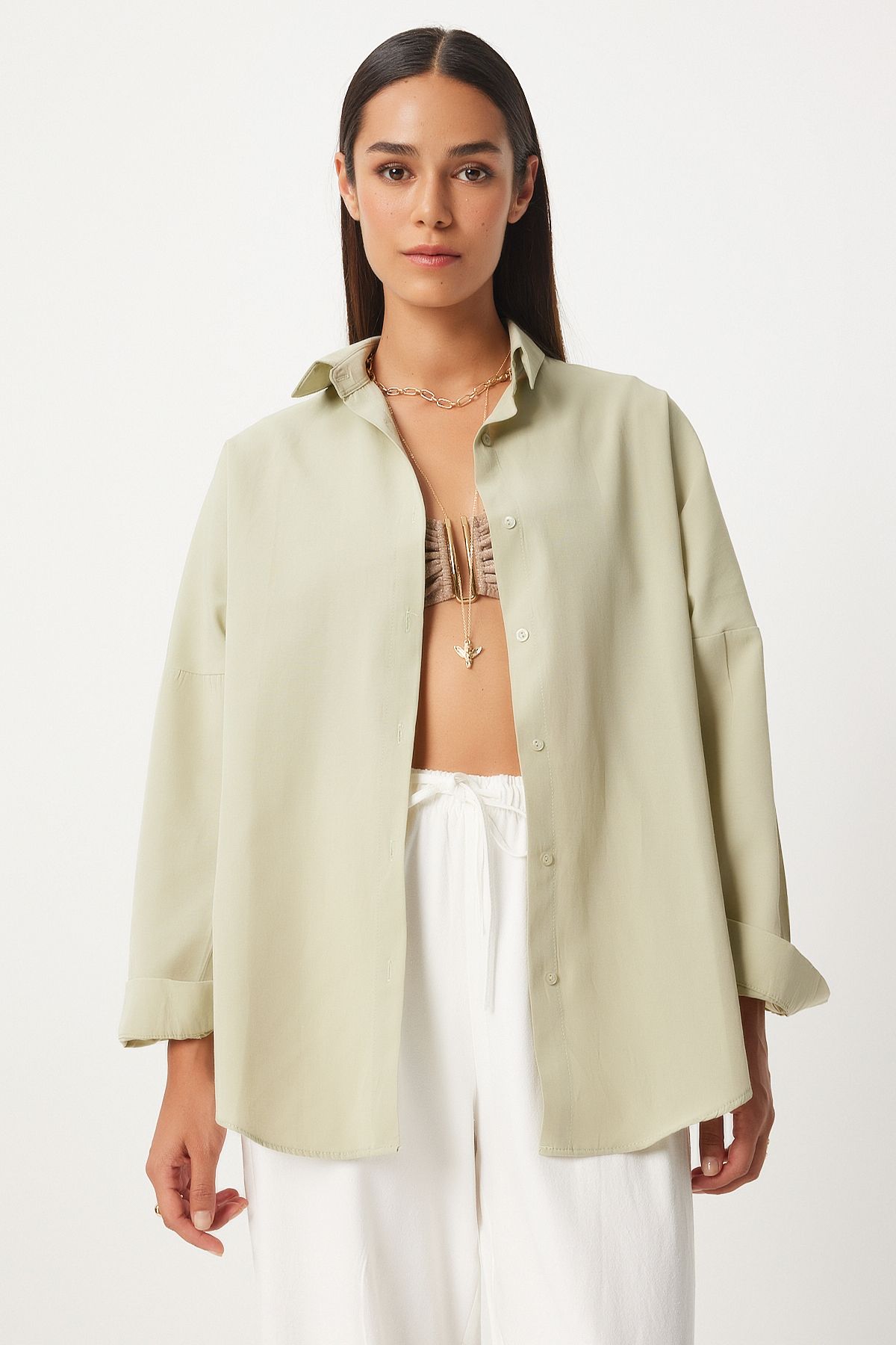 Woman Open Khaki Oversize Long Basic Shirt DD00842