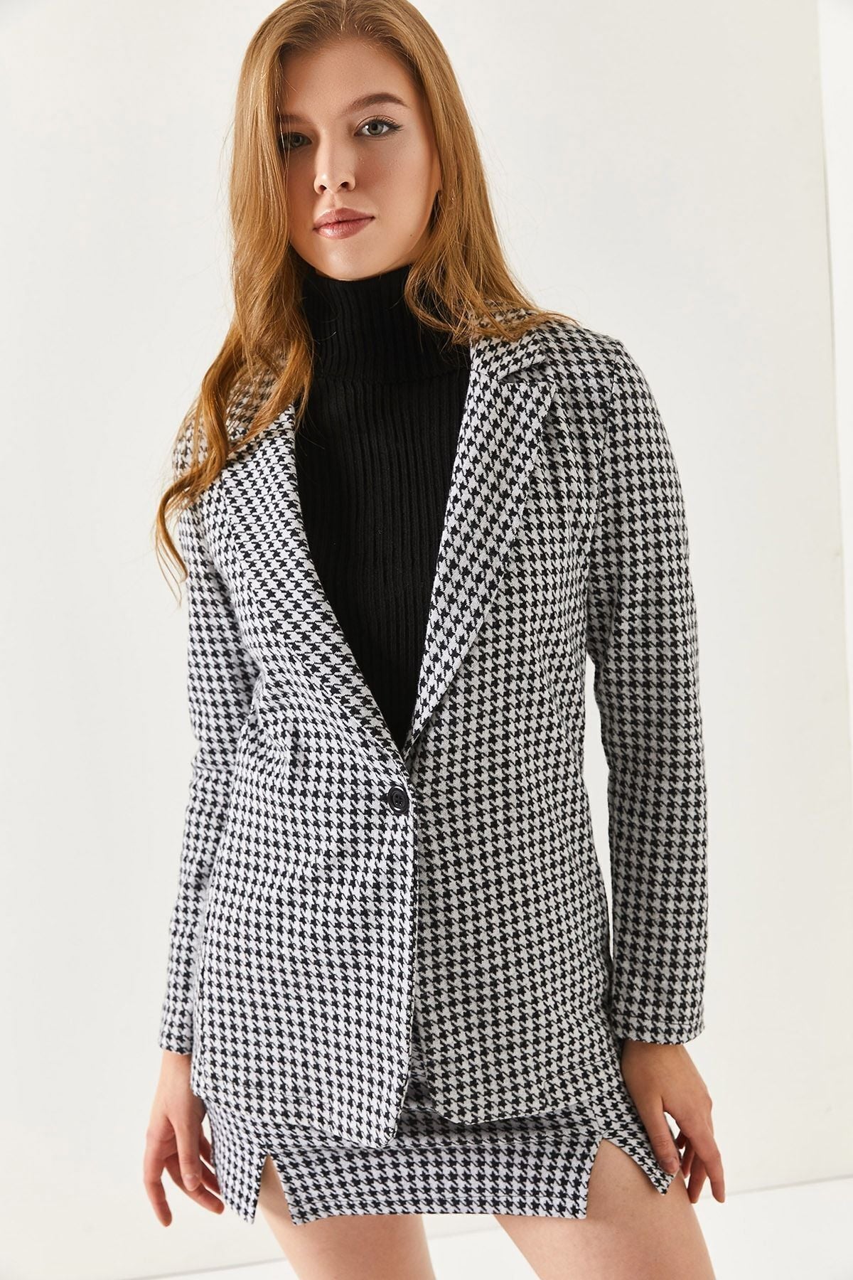 Female Black Kazayaği Pattern Single button Jacket ARM-20K001121