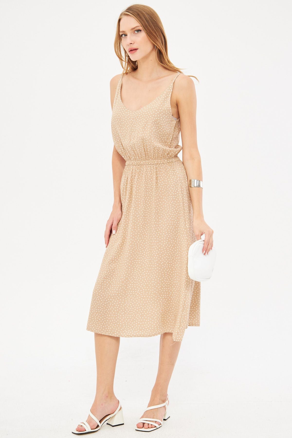 Female Beige Hanger V-Yaka Waist Midi Midi Boyal Patterned Clash Dress ARM-24Y001103