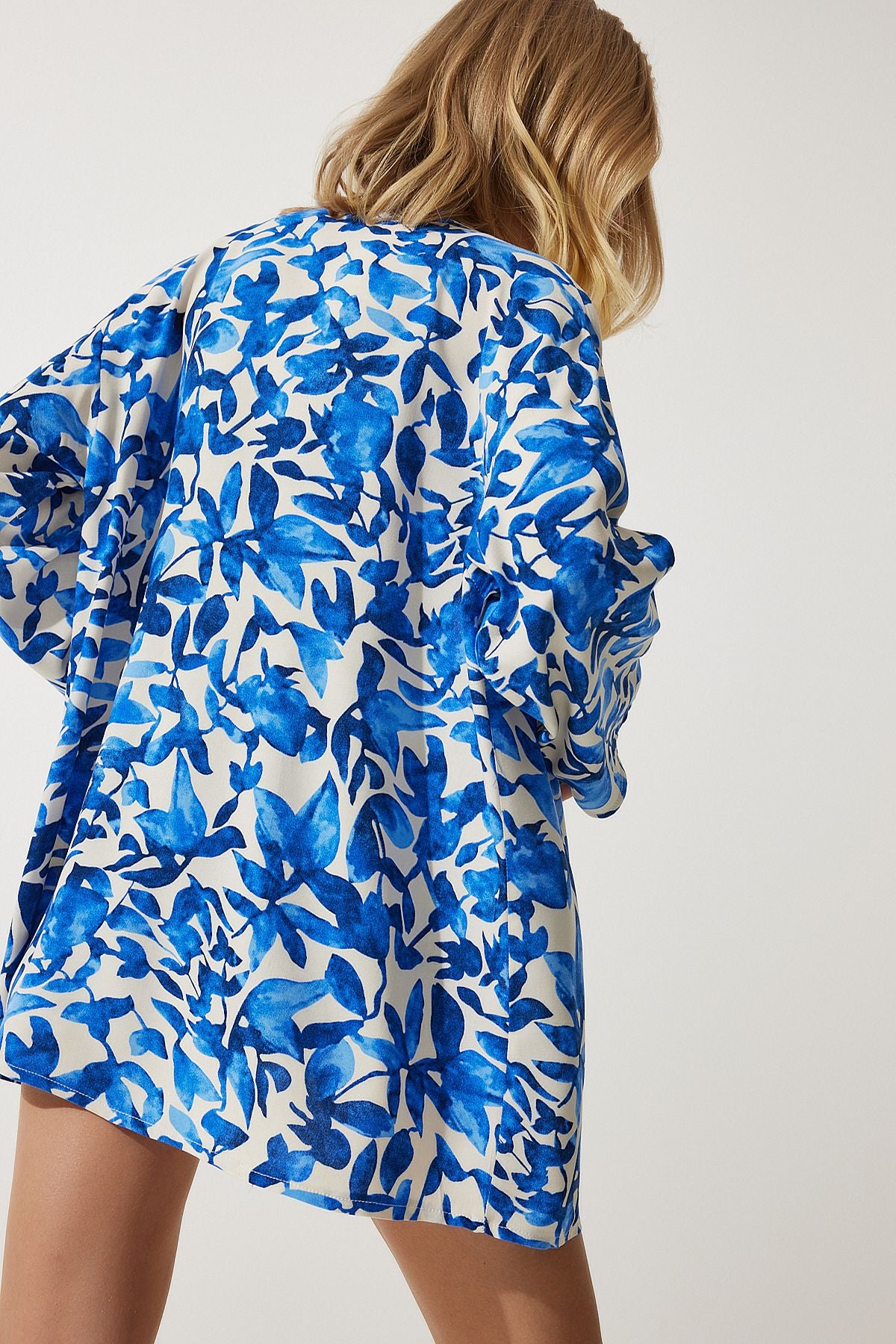 Female Blue Patterned Viscose Kimono EN00615