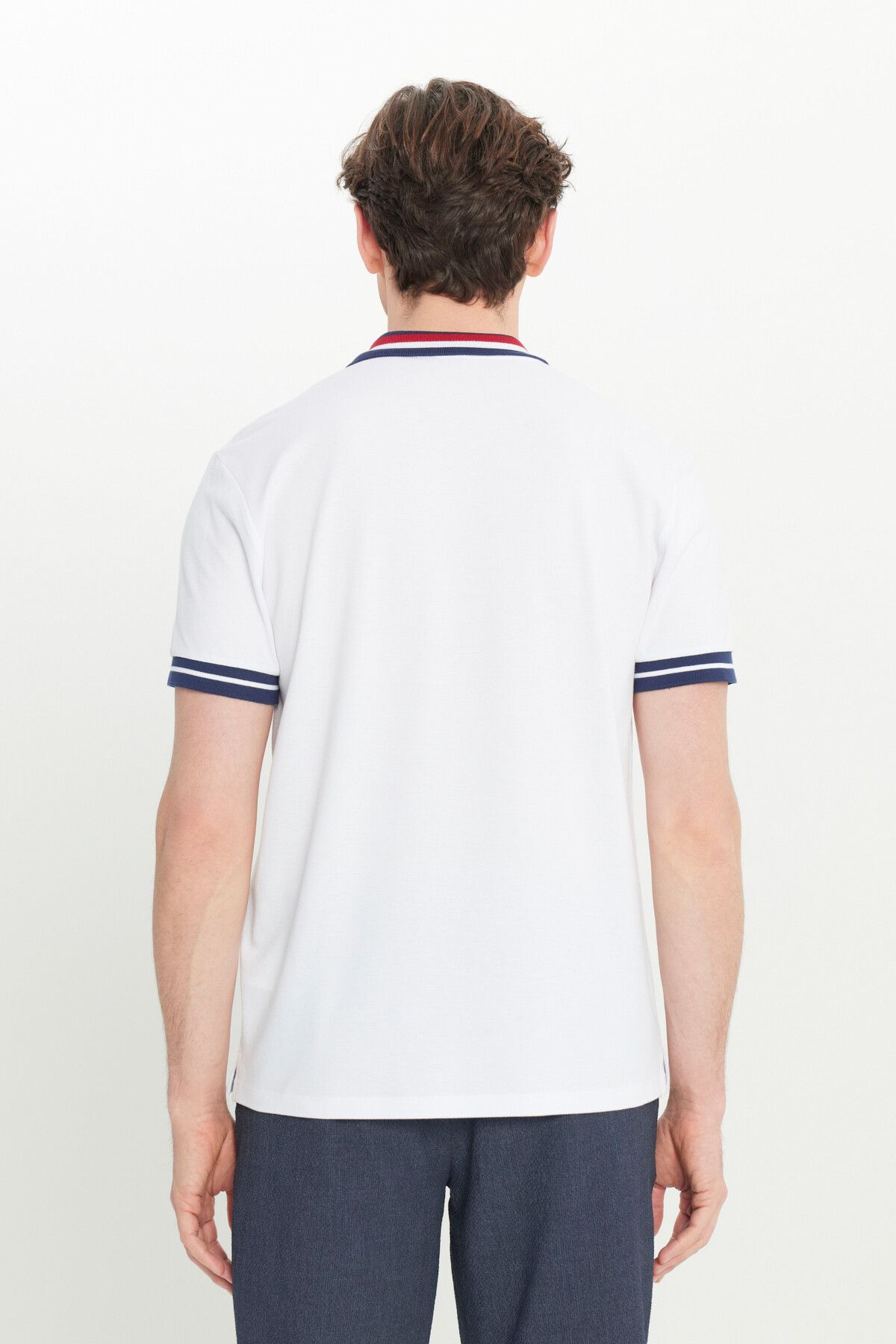 Men's white slim fit narrow cut 100 %cotton Curgered Polo Yaka T -shirt