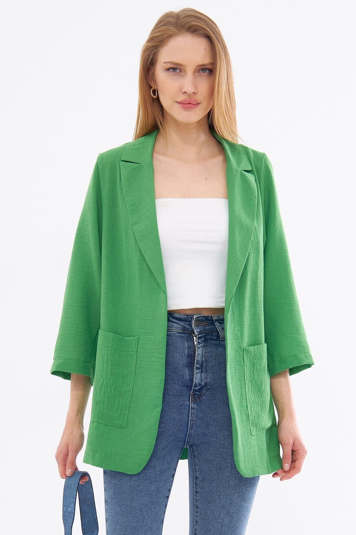 Female green linen-looking pocket overwheeling jacket ARM-24Y001065
