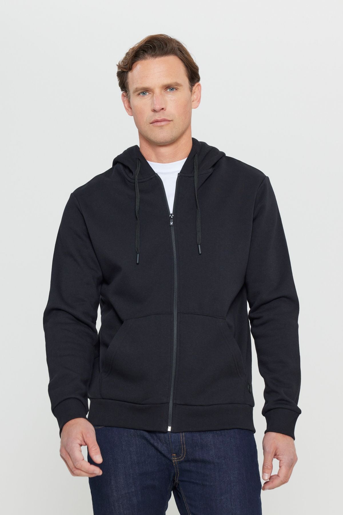 Men's Black Standard Fit Normal Cutting Içi Polar 3 -Tick Hoped Zippered Sweatshirt Jacket
