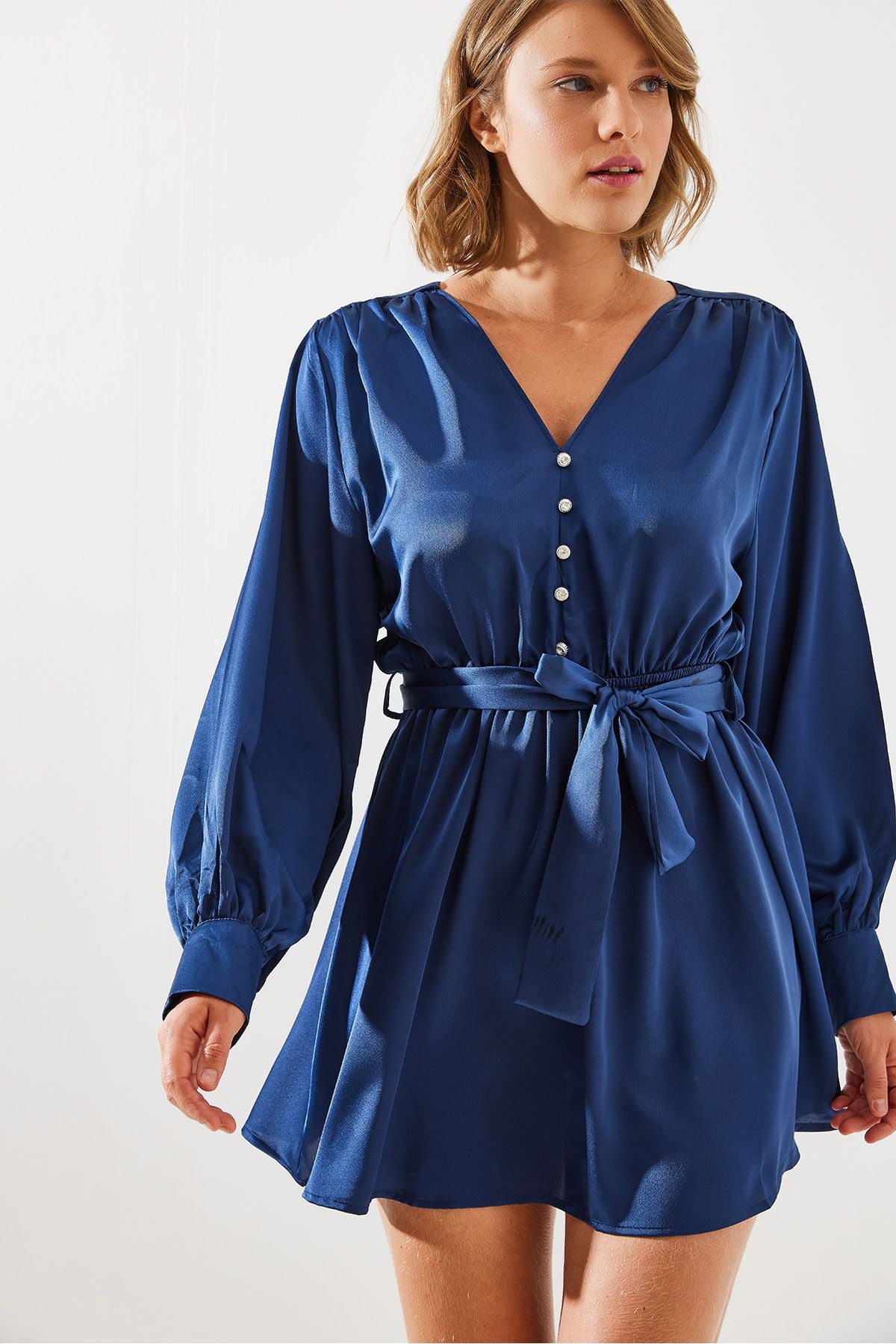 Female belt button detailed satin dress MBMS003 60501003