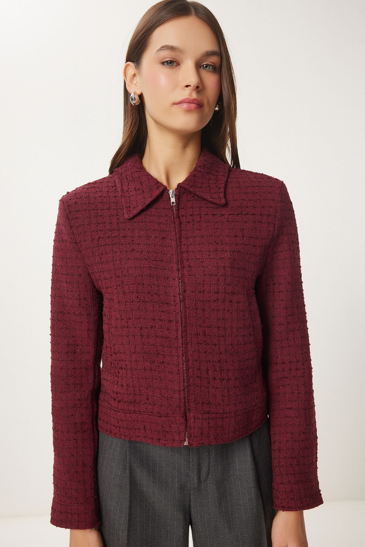 Female Bordeaux Zippered Shirt -collar Tüvit Jacket WF00069