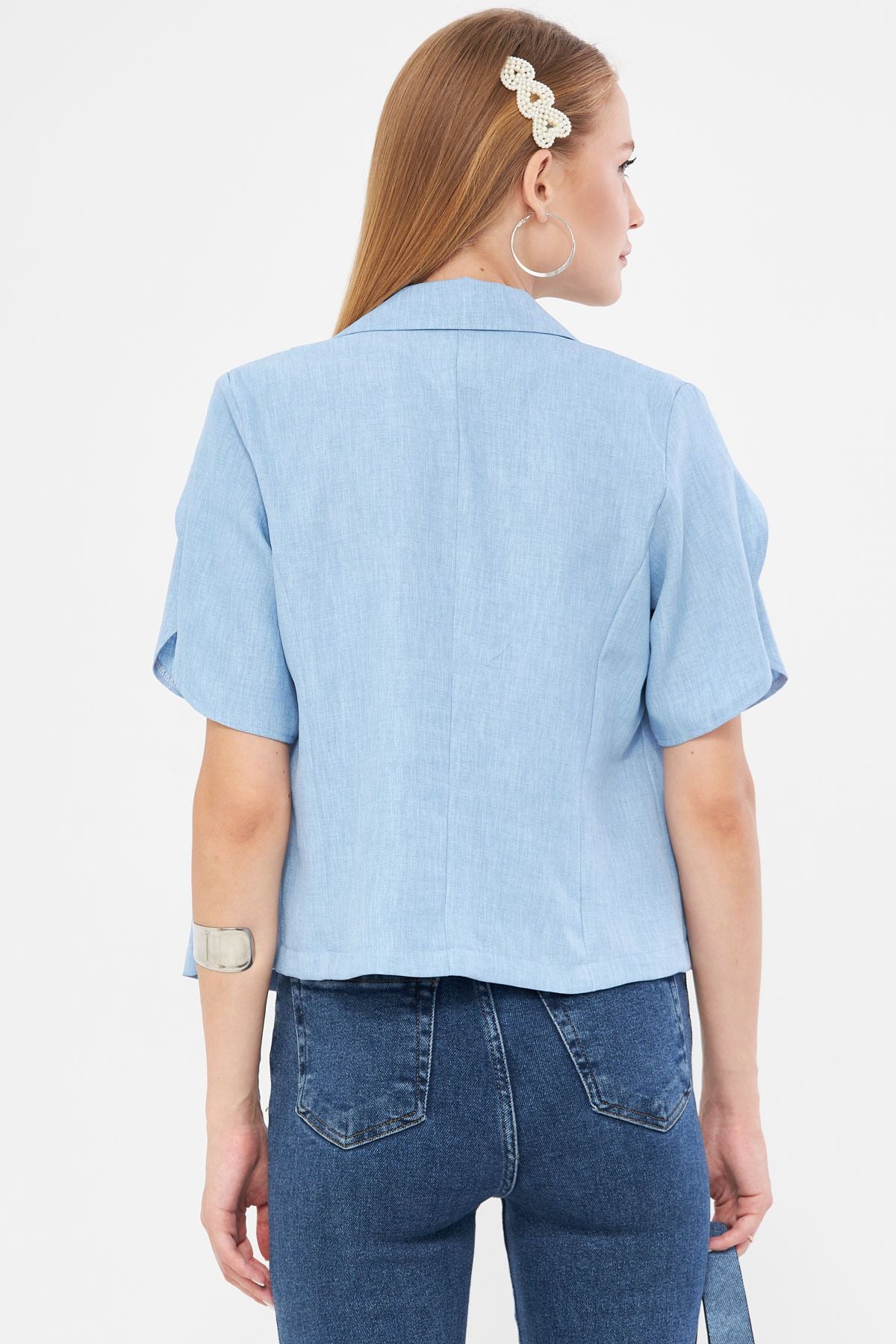 WOMEN BABY BLUE BLACK SPRING DETAILED Crop Short Sleeve Jacket ARM-24Y001048