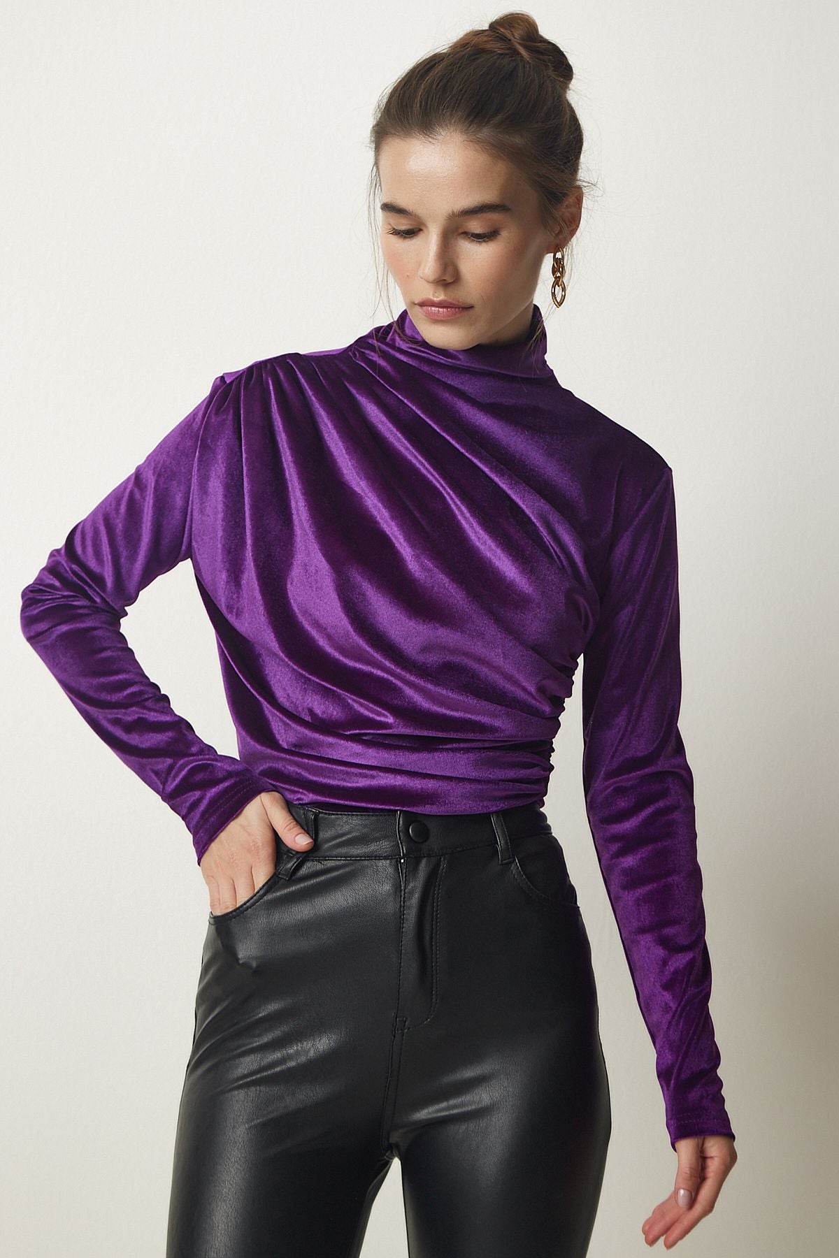 Woman purple shirred collar stylish velvet blouse FF00144