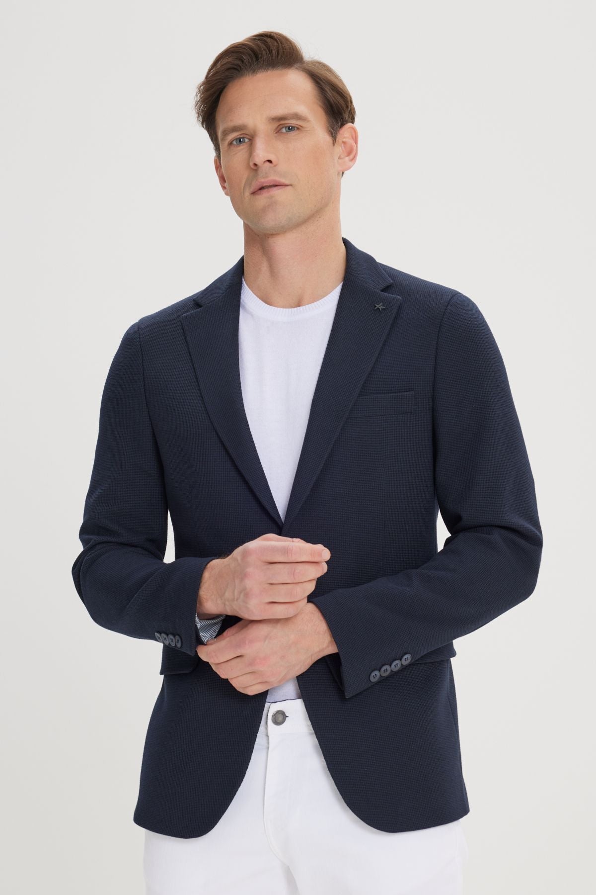 Men's navy blue 360 degrees stretching in all directions slim fit narrow cut mono collar blazer jacket
