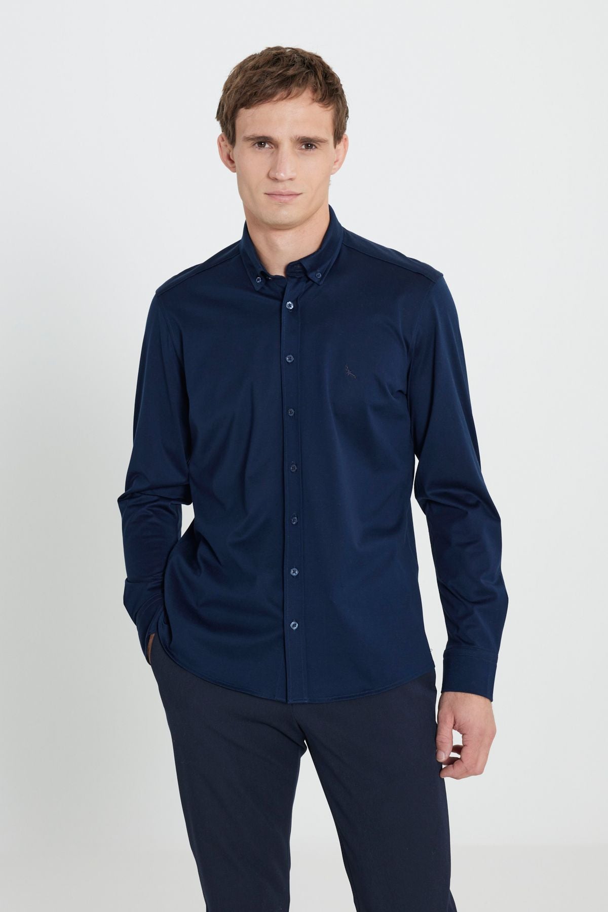 Men's Navy Blue 100 %Cotton Slim Fit Narrow Cutting Buttoned Neck Knitting Shirt