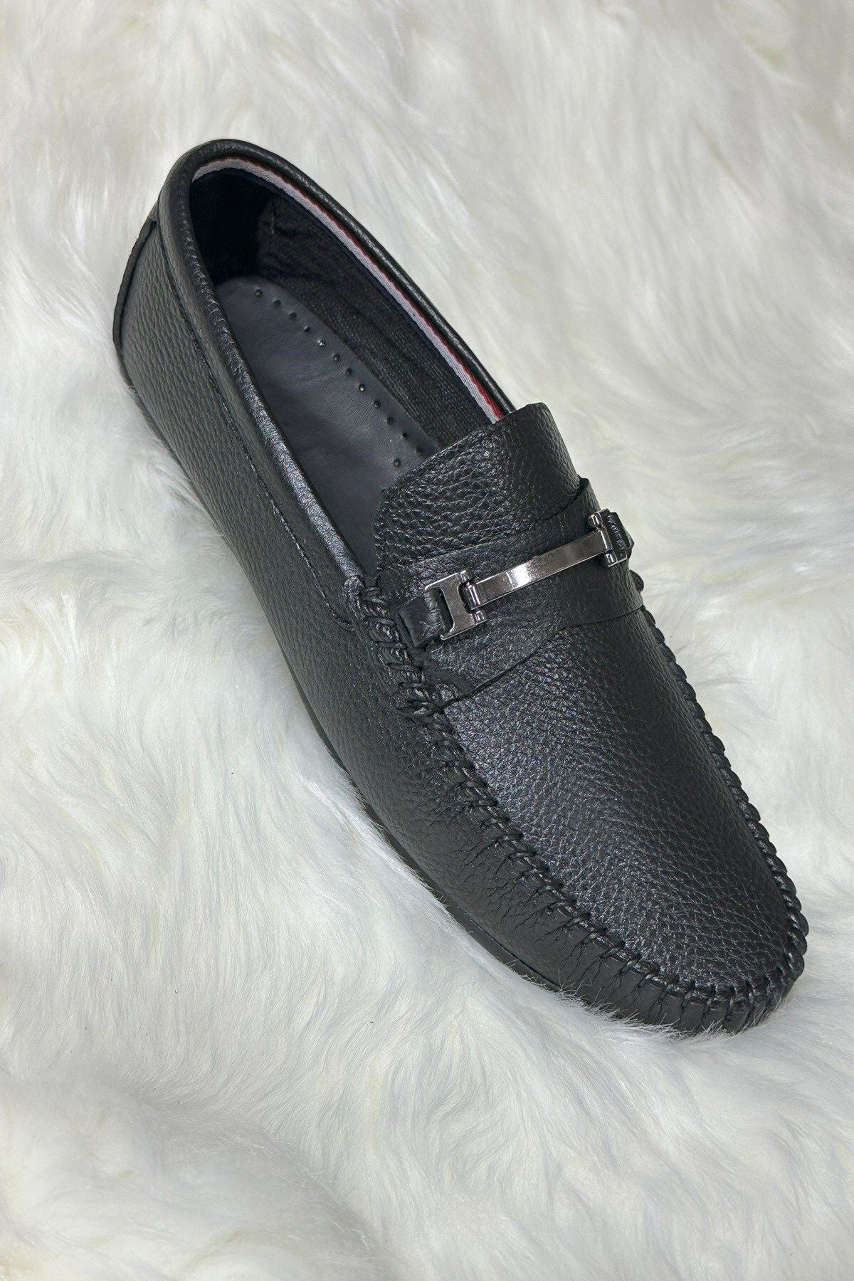 Daily Men's Genuine Leather Black Flipped Slip Stellet Casual Classic Shoes Casual 600 - 601 - 603