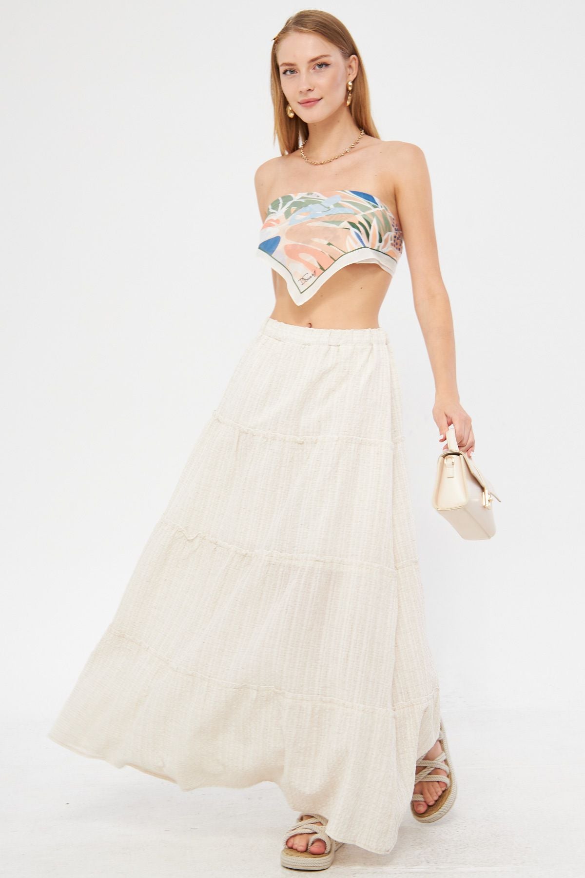 Woman Ekru Basic Waist Ruffed Ruffle Long Skirt ARM-24Y001099