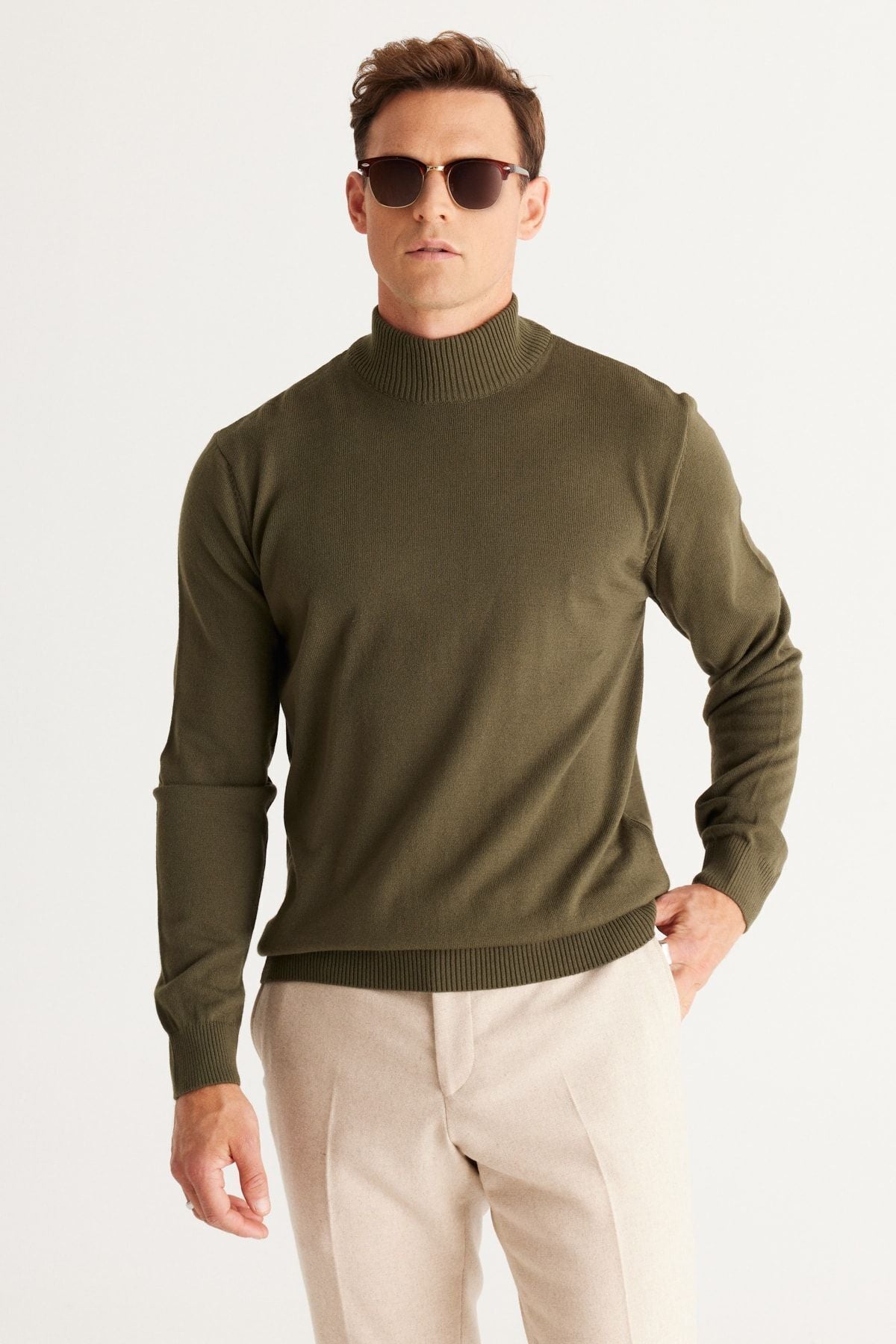 Men's Khaki Hair Removal Standard Fit Normal Cut HALF FISHER YOLİKÇİ KNIT