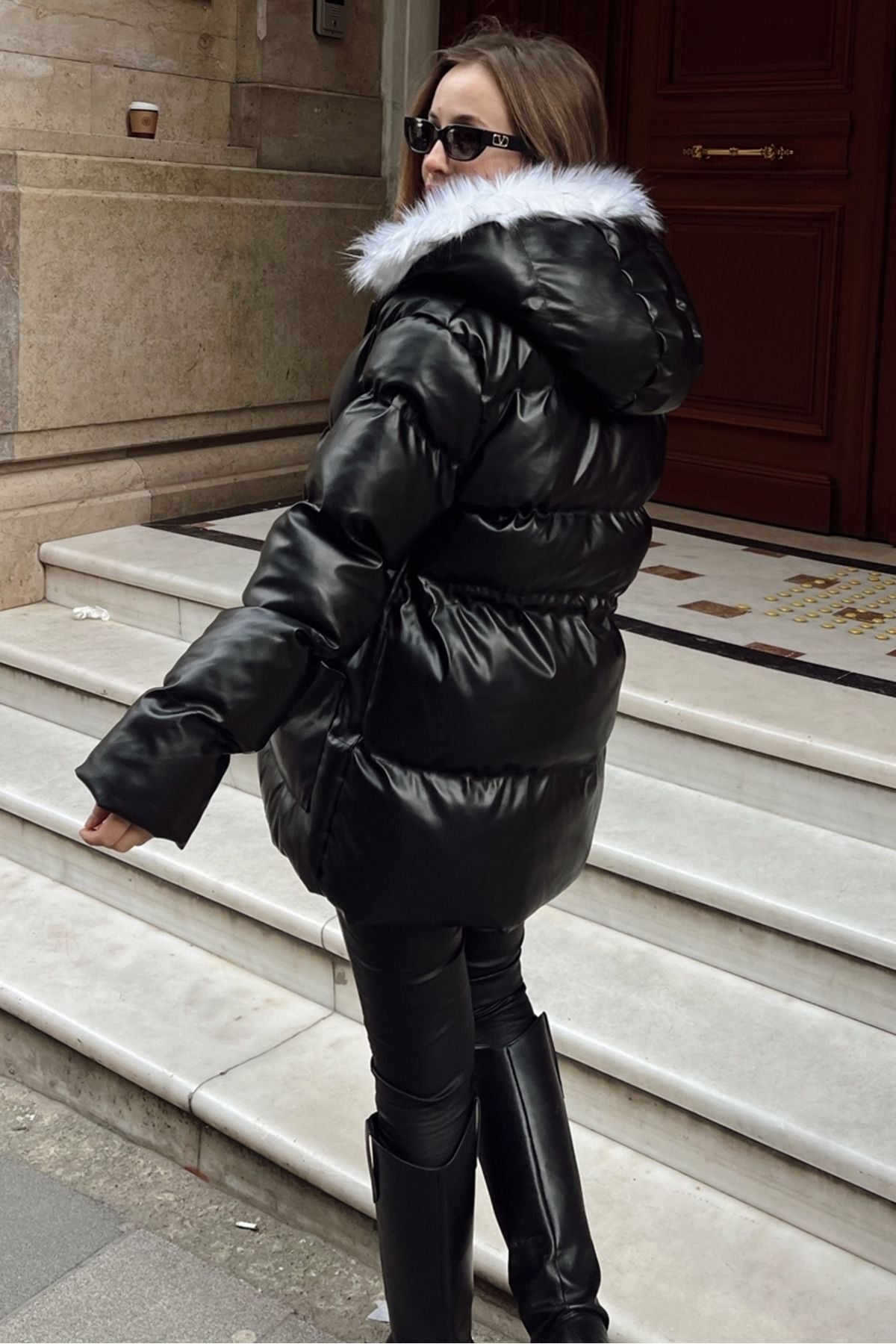 Women's hood fur swelling leather coat