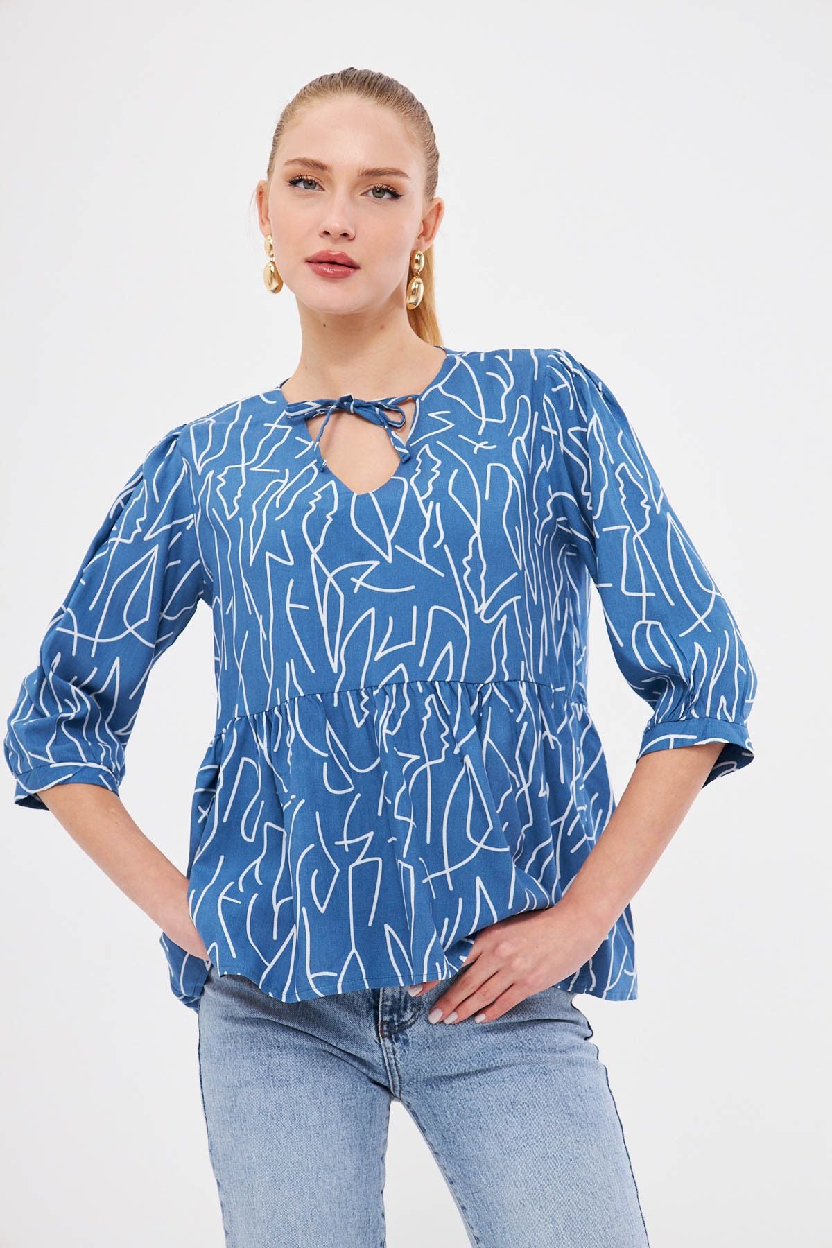 Female indigo collar binding detailed Roban Firk quarter Arm Blouse ARM-25K001044