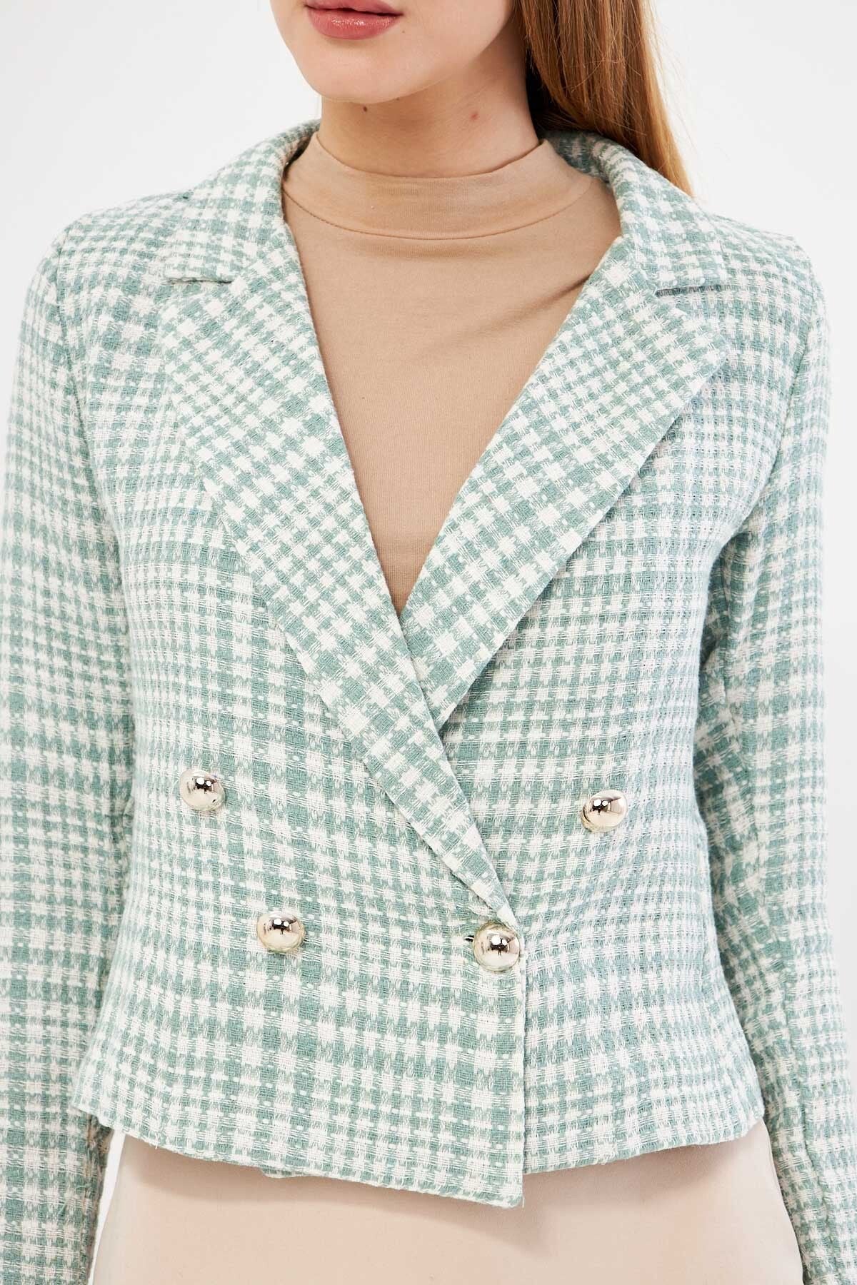 WOMEN WHITE-MINT CREMAZE YAKA TÜVİT Crop Jacket ARM-24K001014