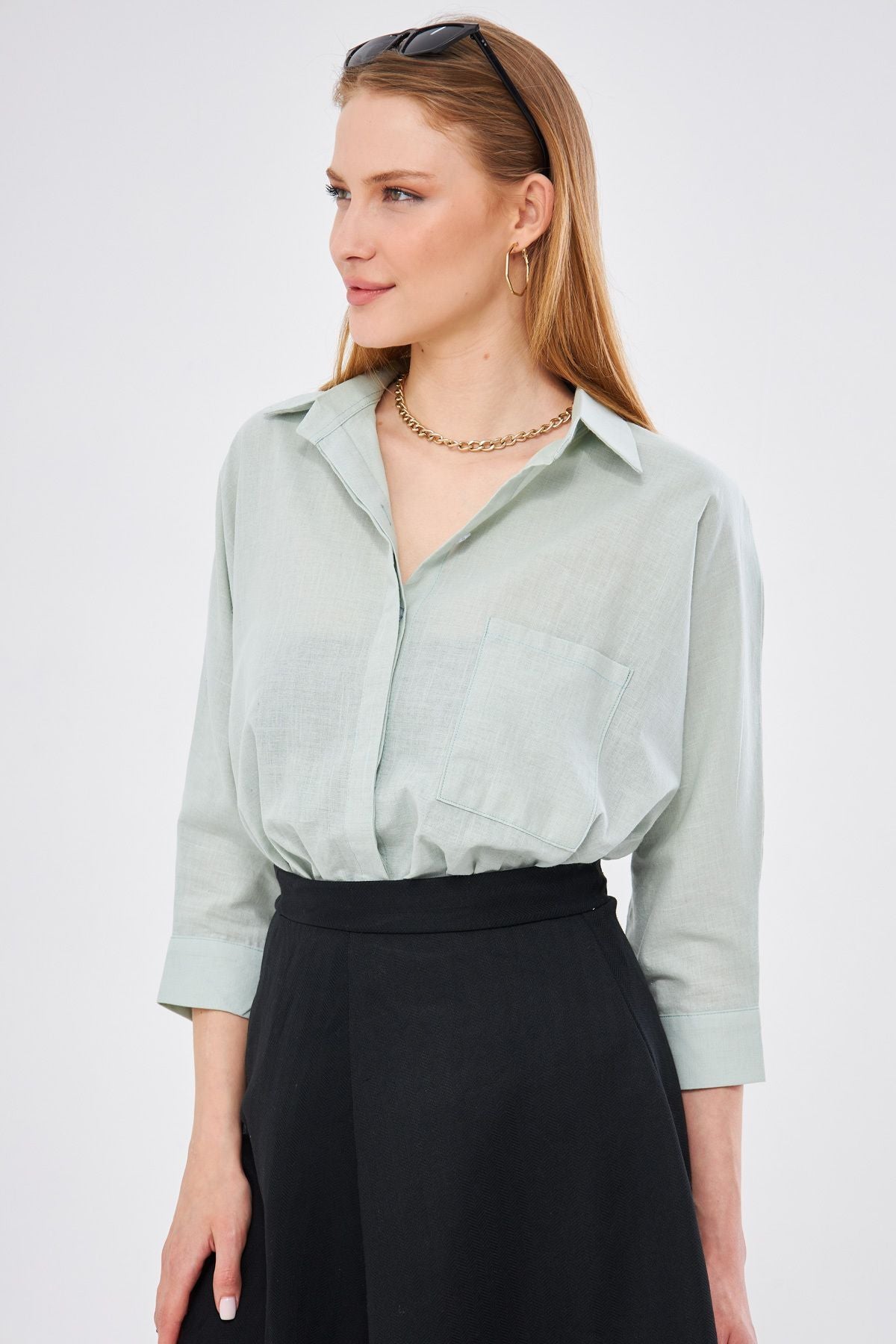 WOMEN OPEN MINT POCKET POET SET Linen Shirt ARM-21Y001035