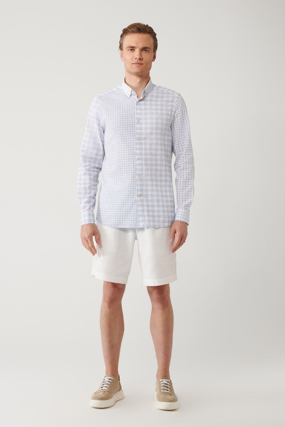 Men's blue plaid fragmented linen mixed shirt A41y2052