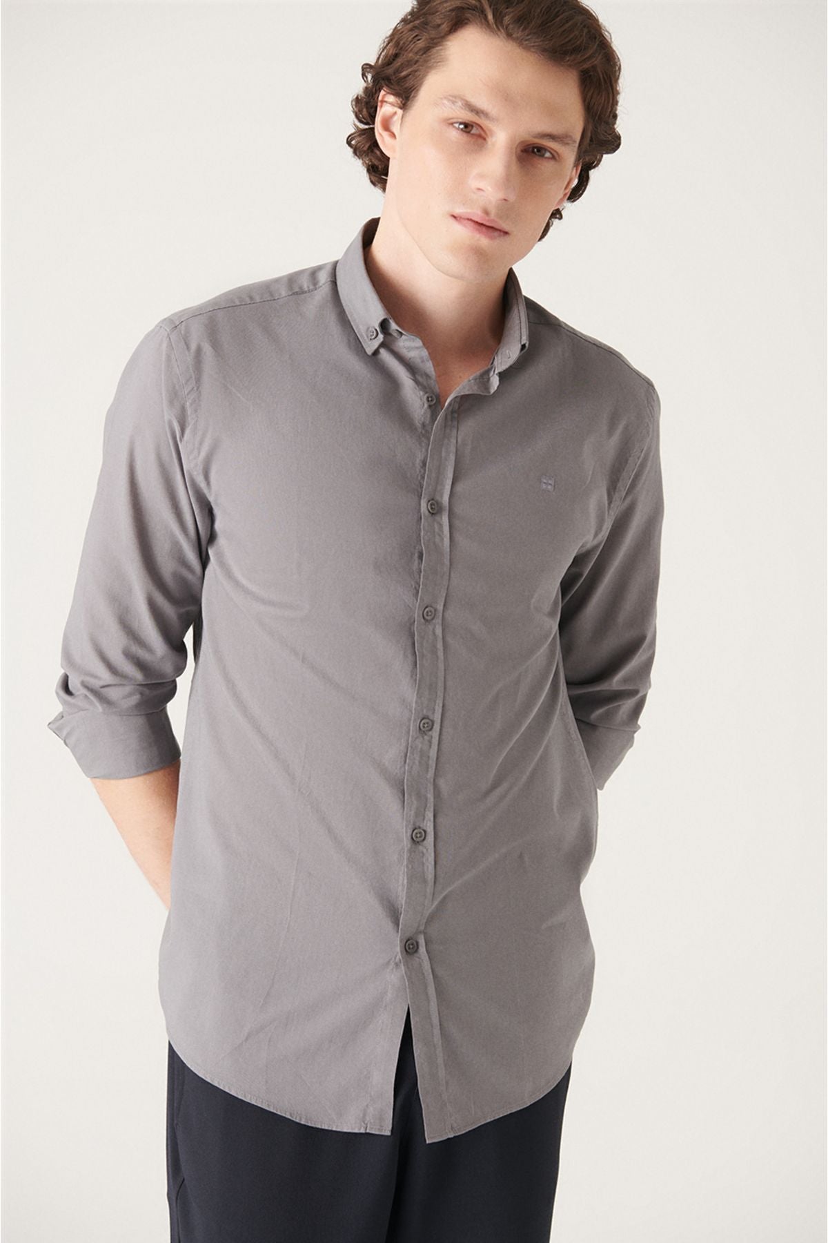 Men's Anthracite Shirt 100% Cotton Thin Soft Button Collar Long Sleeve Regular Fit E002206