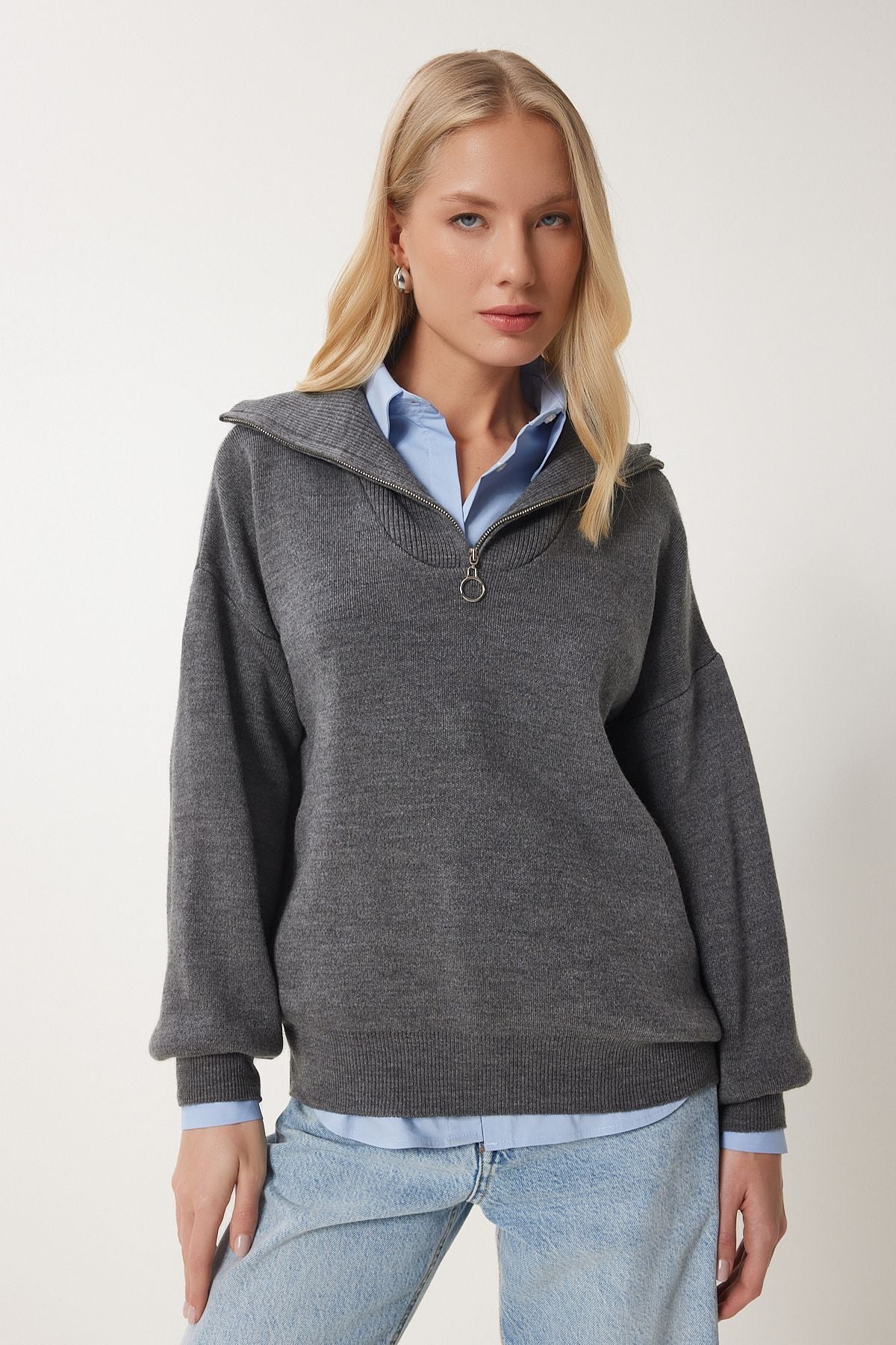 Female anthracite zipper collar Basic knitwear sweater pf00007