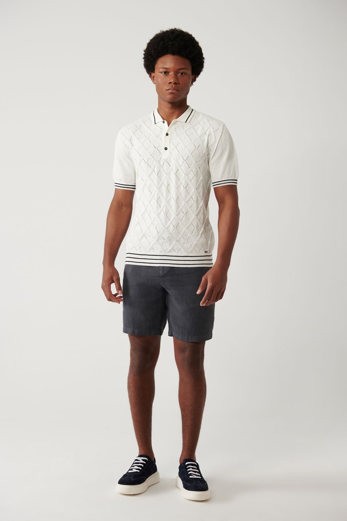 Men's Ecru 3 button with baklava patterned Polo Yaka Triko T-shirt A41y5053