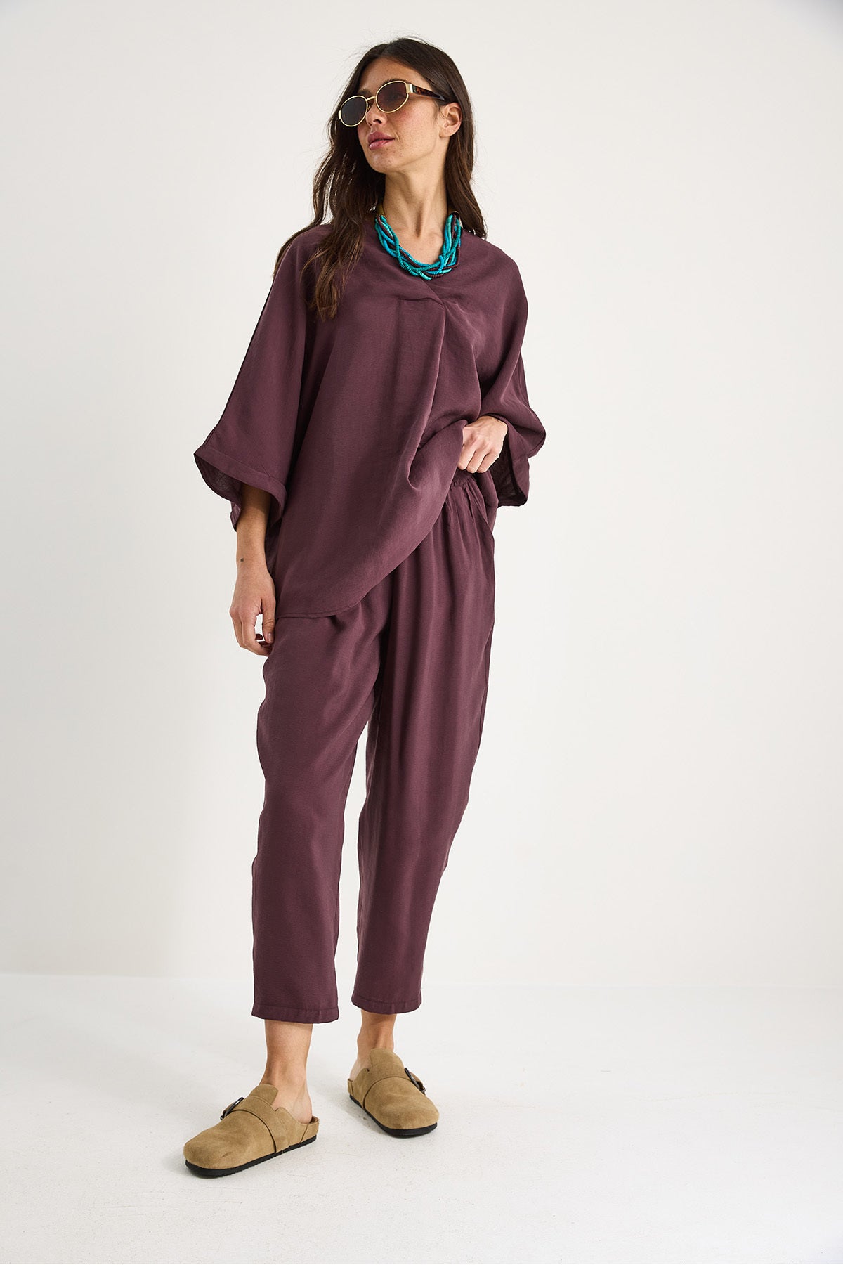 Women's V-Neck Bat Sleeve Blouse Elastic Waist Trousers Modal Suit 60283237