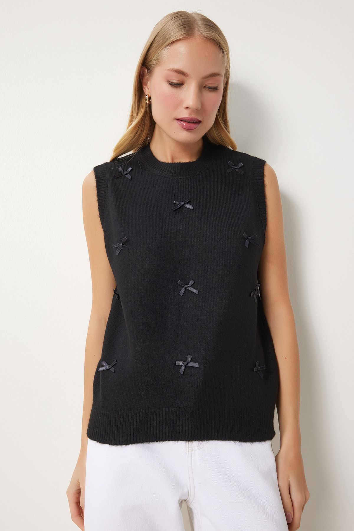 Women's black bow knitwear sweater pf00079