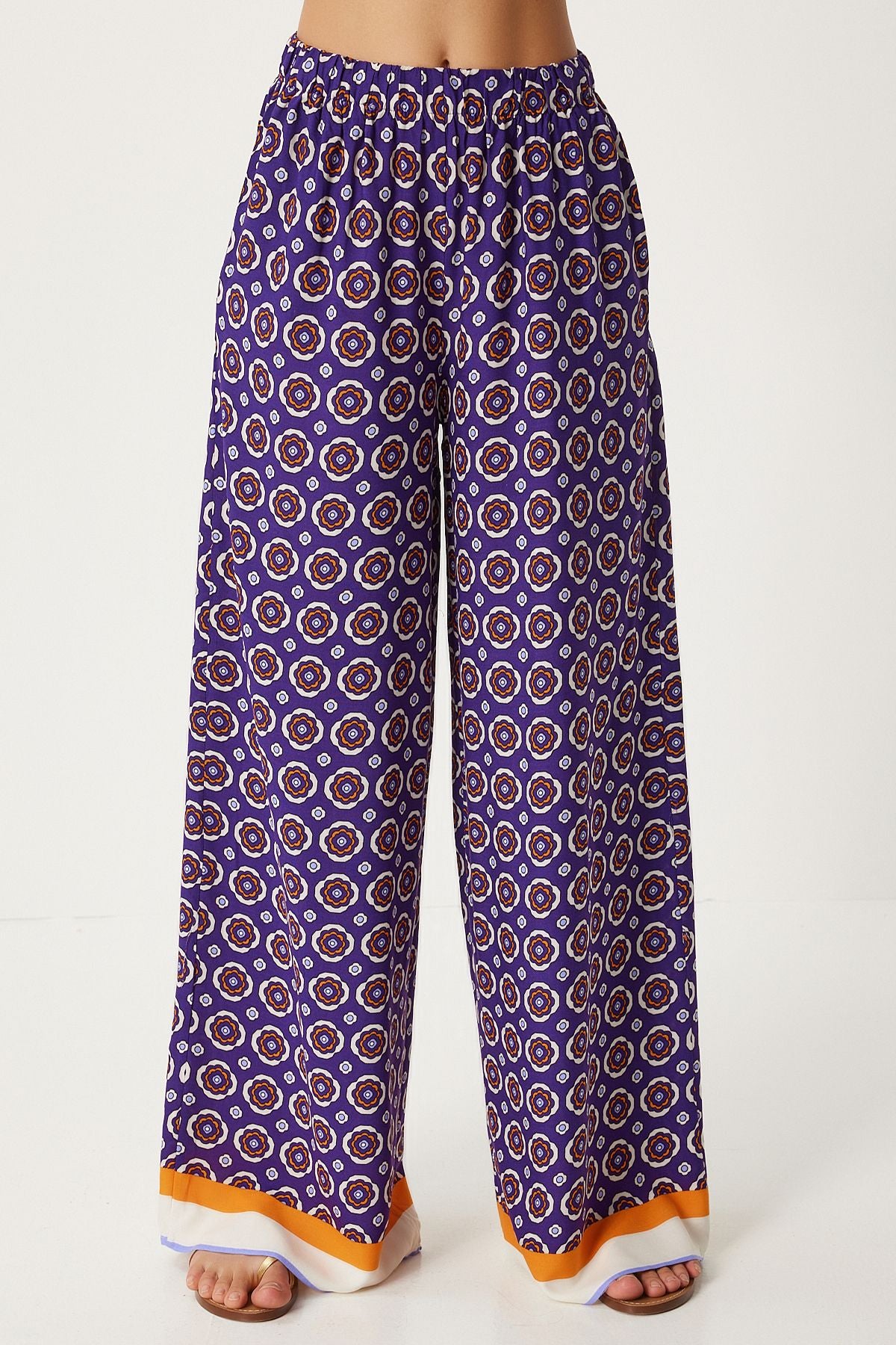 Woman purple white patterned summer viscose shirt palazzo pants set FN03272