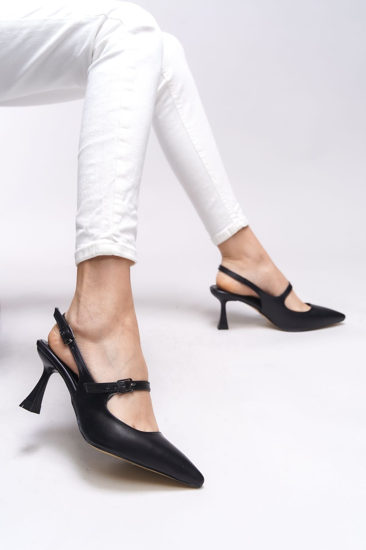 Melilendra Behind Woman Open Pointed Nose Stiletto 0012701 Black Skin