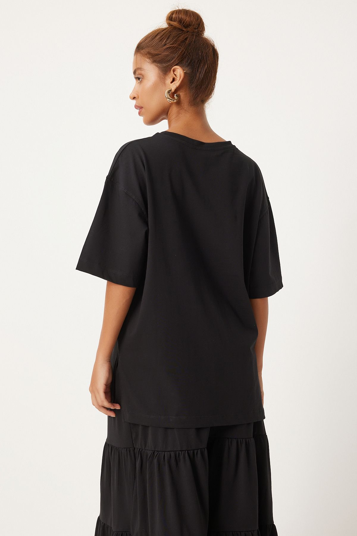 Woman Black Oversize T-shirt Volan knitted skirt set UB00291