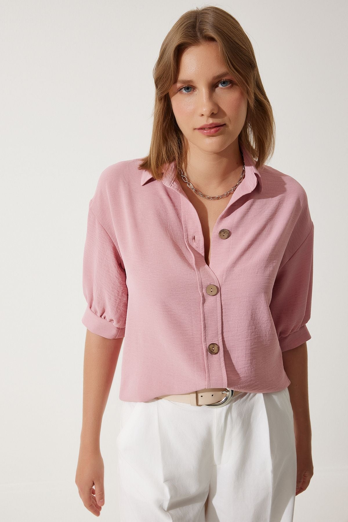 Female pink balloon sleeve linen Ayrrin shirt DD01321