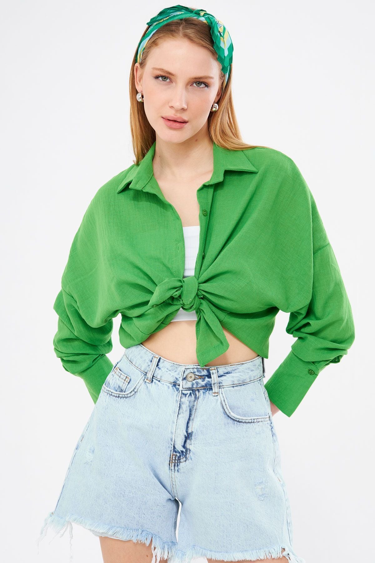 Female Green Oversize textured linen-looking large cuff shirt ARM-24K001001