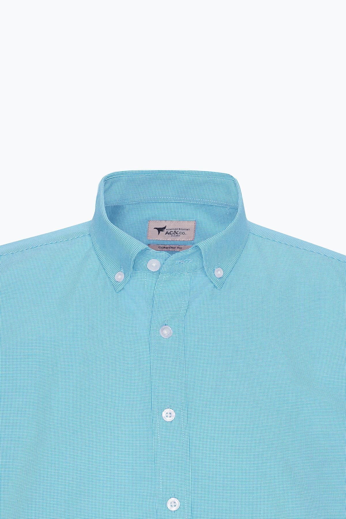 Men's turquoise cotton comfort fit comfortable cut hidden button collar checkered shirt