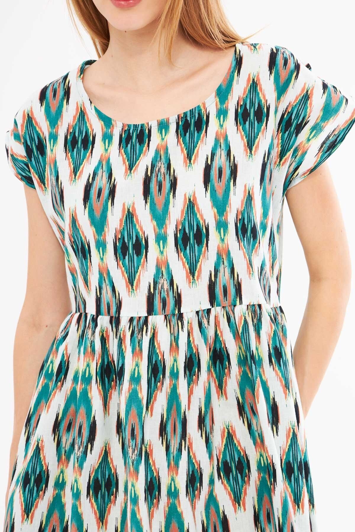 Female Green Ethnic Patterned Waist Shirred Mini Dress ARM-24Y001082