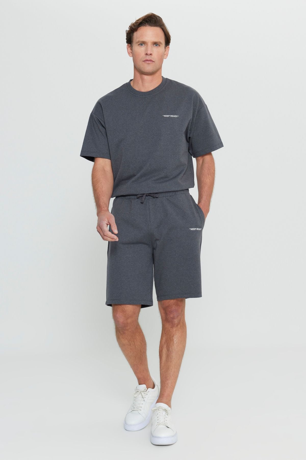 Men's anthracit cotton comfort fit comfortable cutting printed waist tied side pocket shorts tracksuit team