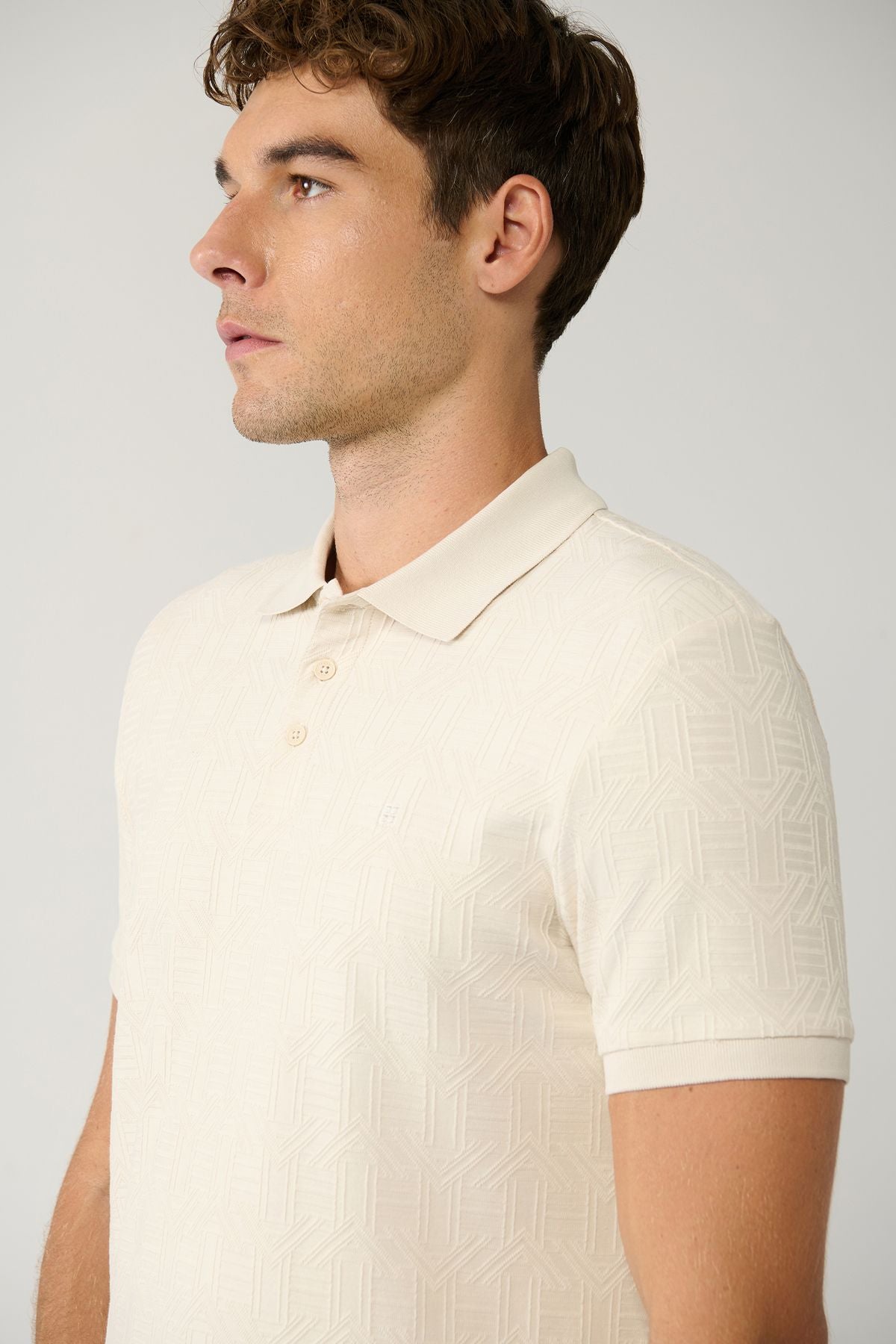 Men's Beige Polo Yaka Jacquard Cotton T-shirt A41y1040