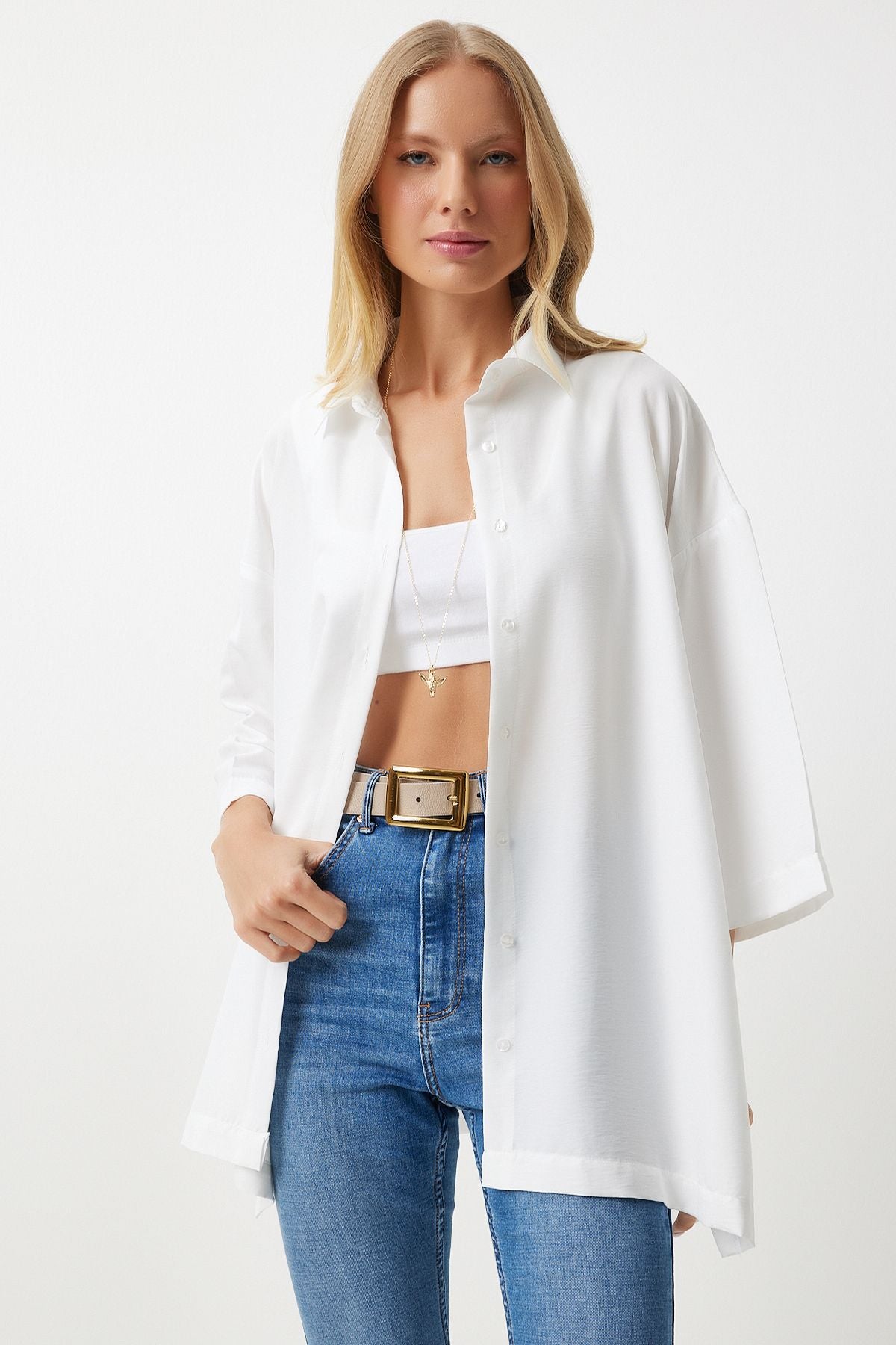 Women's white slit soft textured knitted shirt BF00092