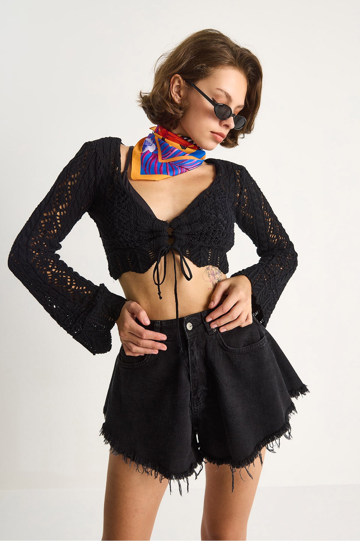 Women's Tie-Front Openwork Knitted Blouse 20259805