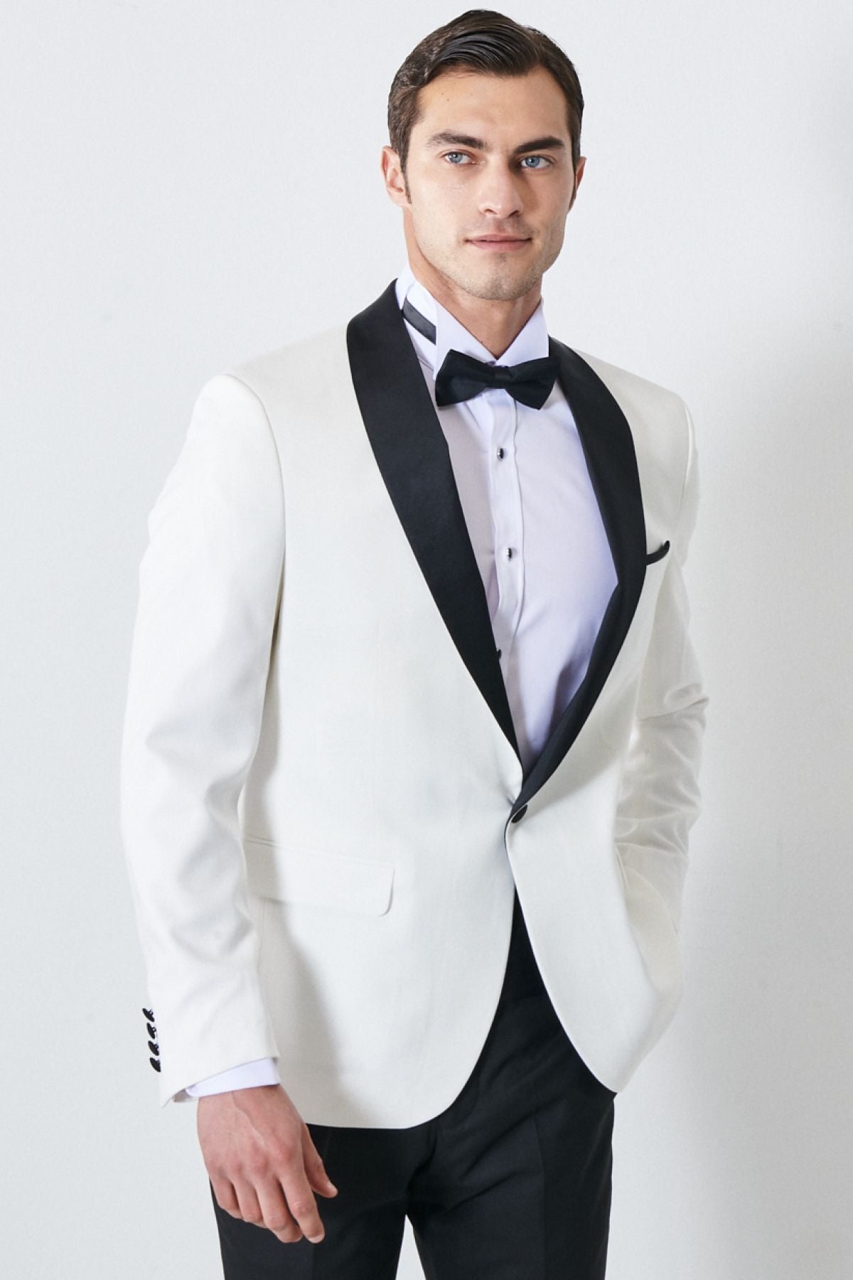 Men's white-black slim fit narrow cut shawl collar pattern classic tuxedo set