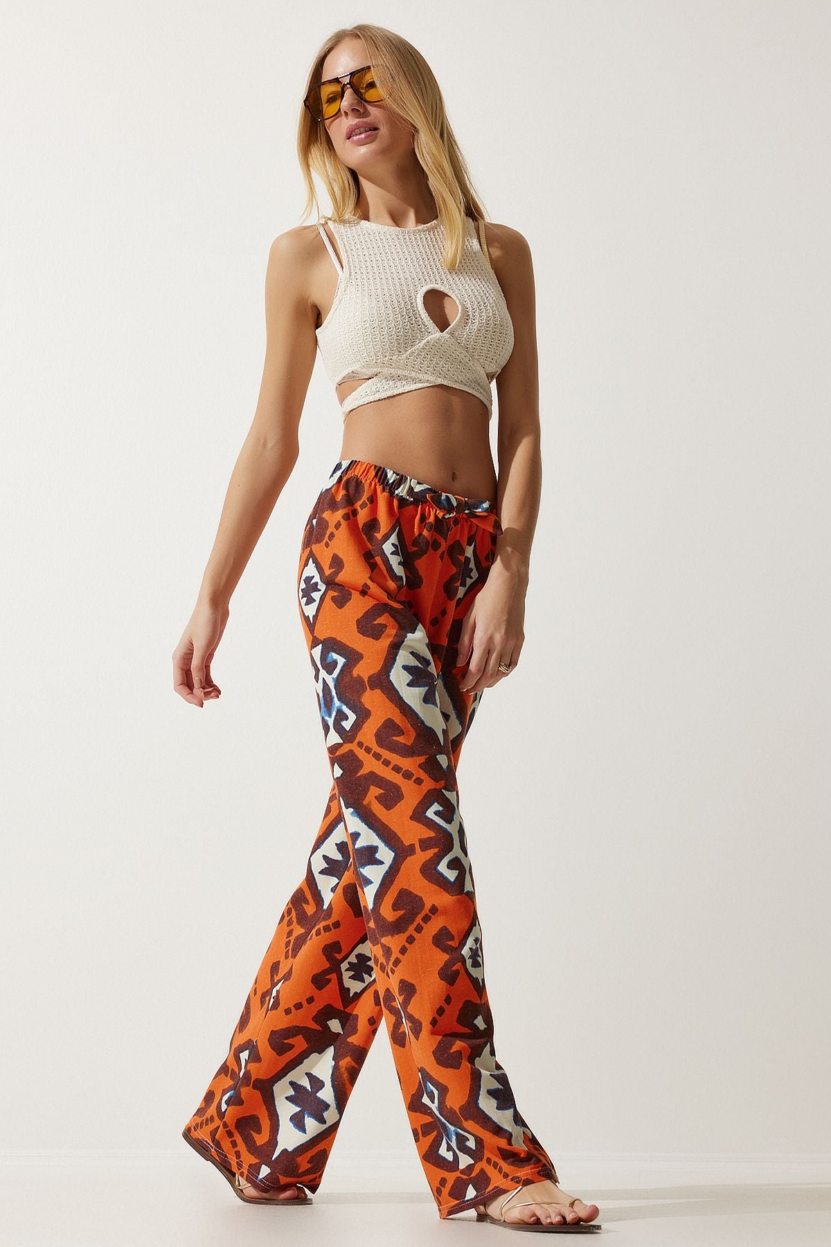 Female Orange Patterned Raw Linen Palazzo Pants BH00397