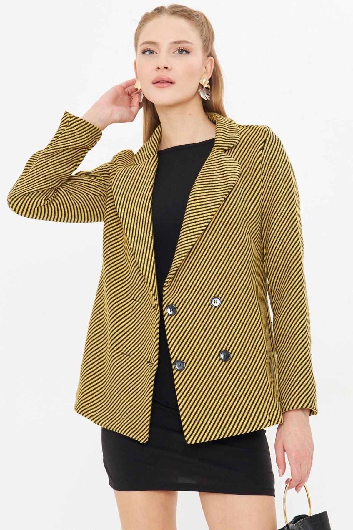 Woman Yellow Line Patterned Four button stamp jacket ARM-24K001037