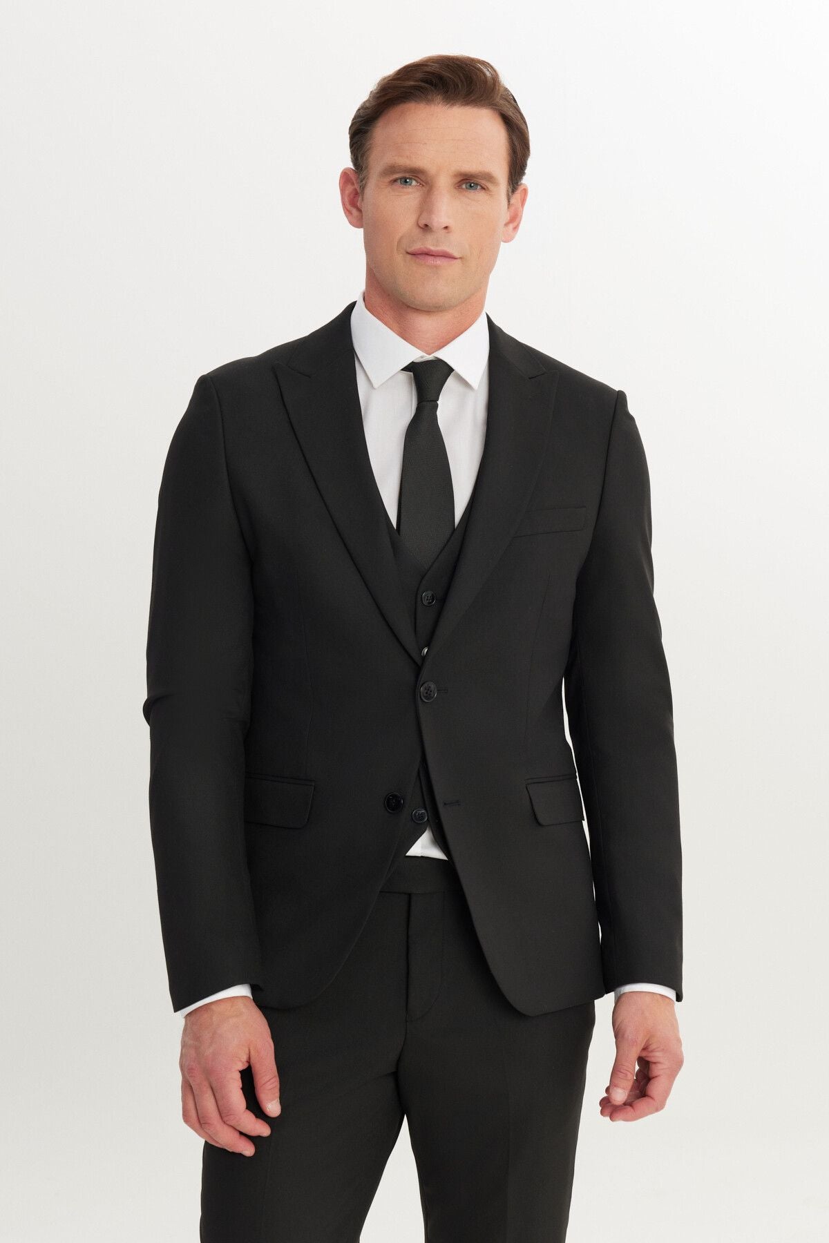 Men's Black Slim Fit Narrow Cut Swallow Cover Cep Cep Wit with Vest Suit