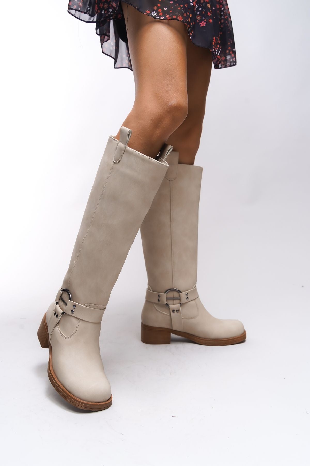 Thefrila women knee biker boots 00123024 matte beige