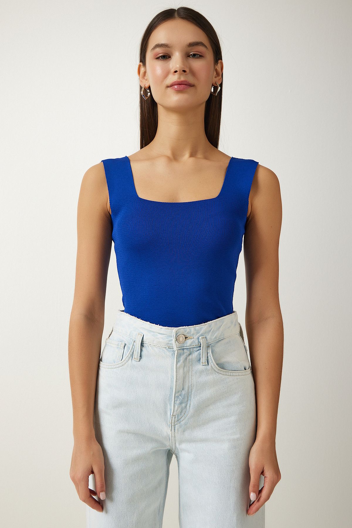 Woman Live Blue Square Yaka Knitwear Crop blouse S US00358