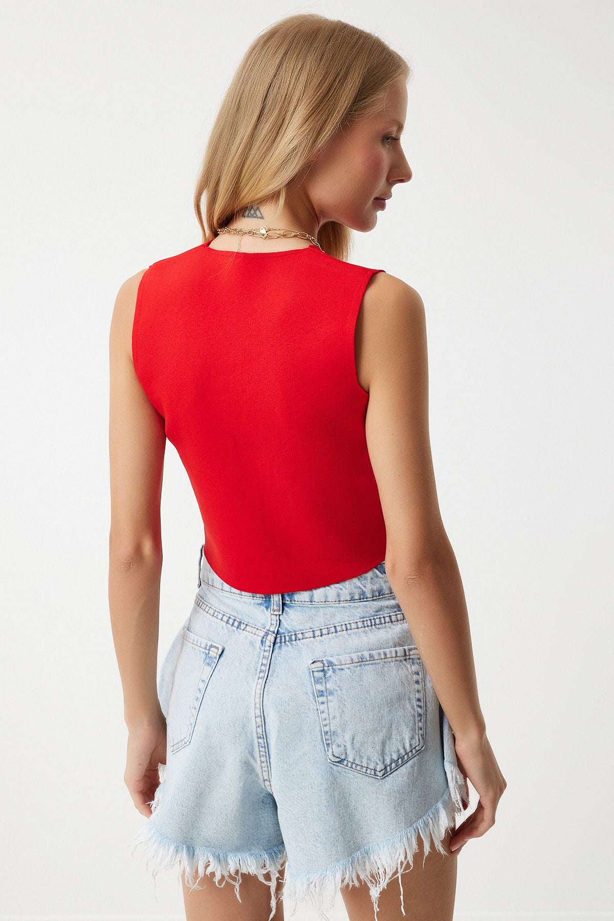 Woman Red V -Neck Button Summer Triko Vest YY00139