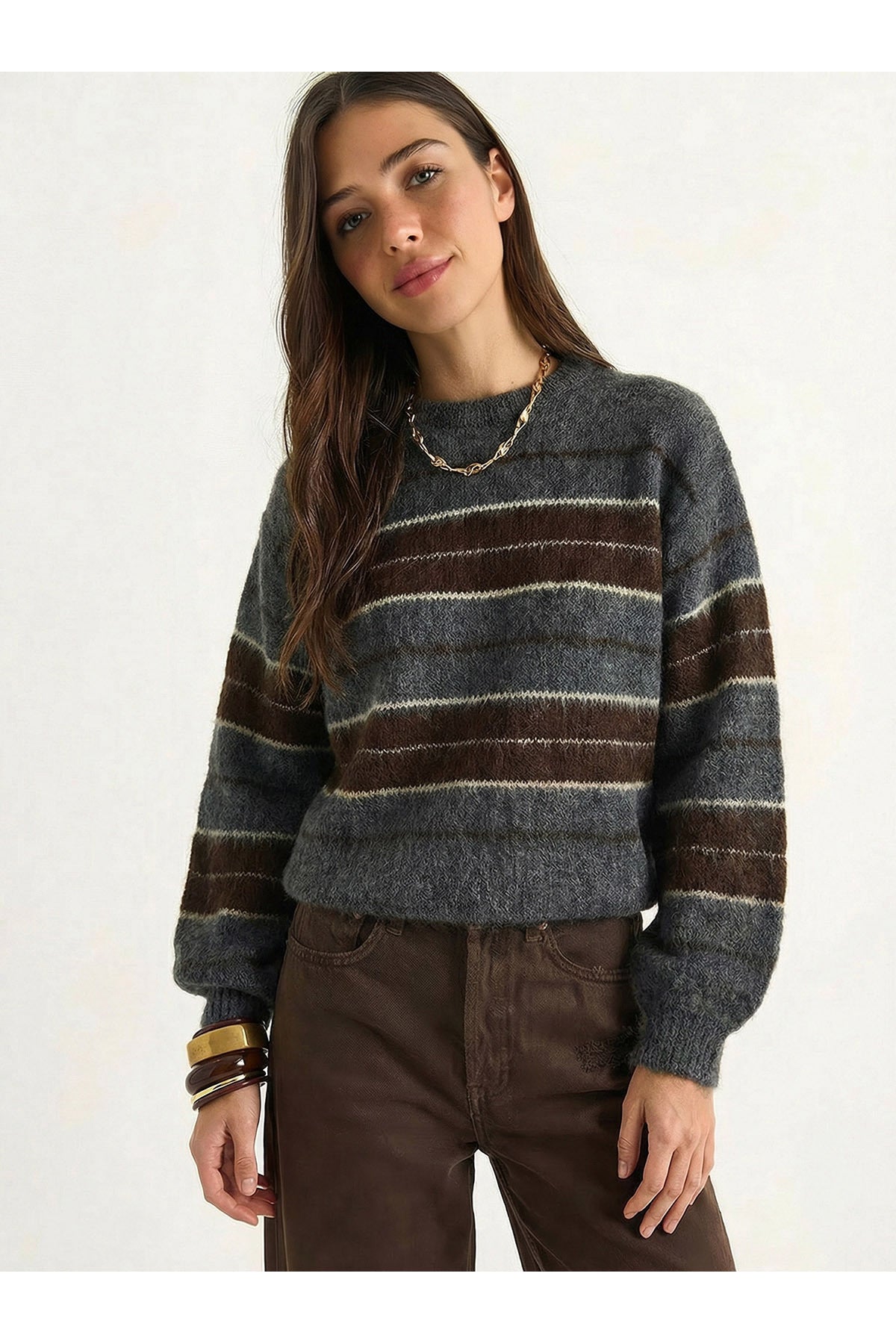 Women's Crew Neck Rose Gold Striped Basic Sweater 20251128