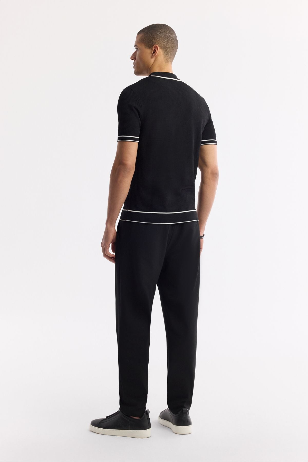 Men's black zipper polo collar textured rayon knitwear T-shirt A51y5165
