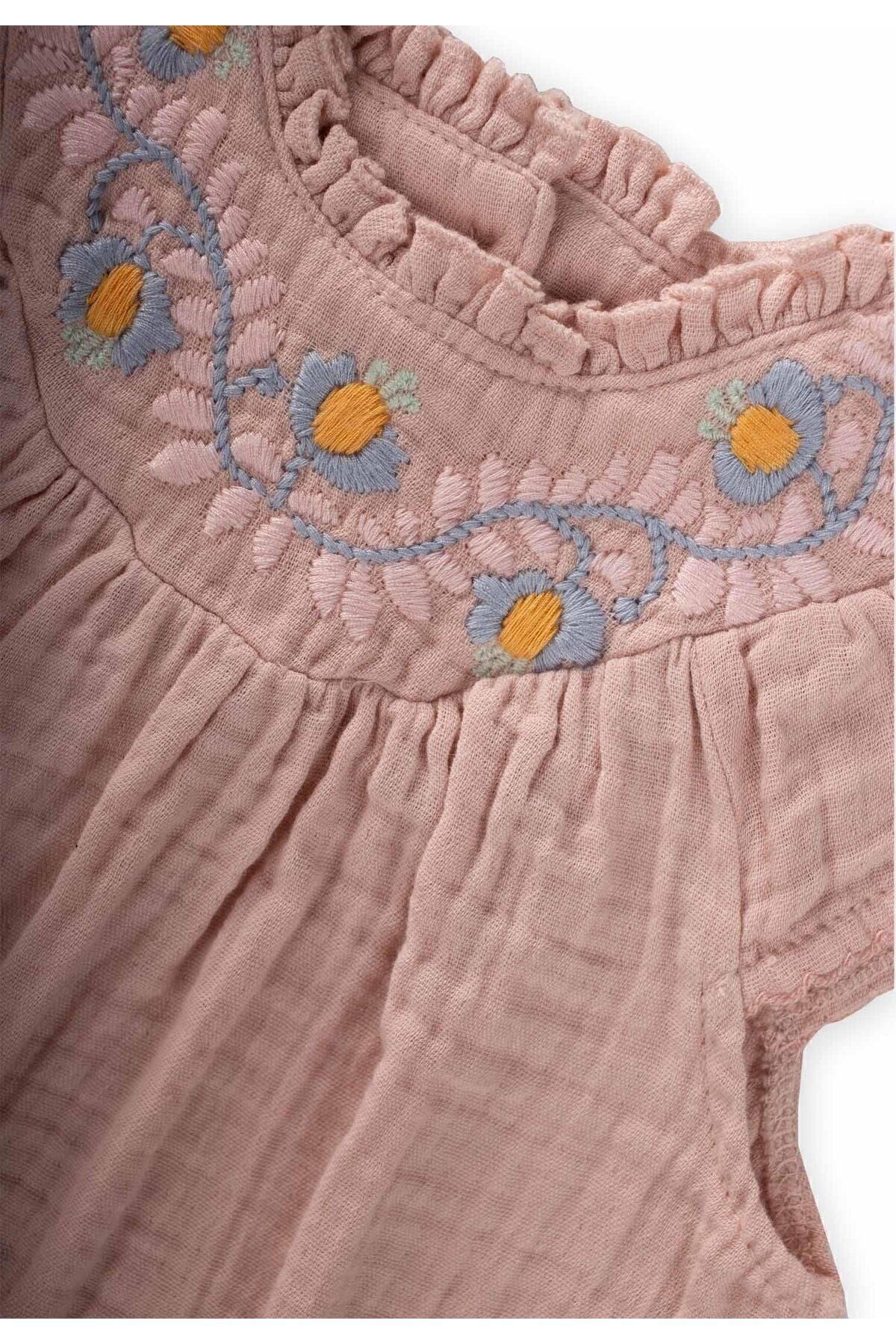 Embroidery Lace Detail Müslin Zıbın 0-3 Age Powder Pink Pink