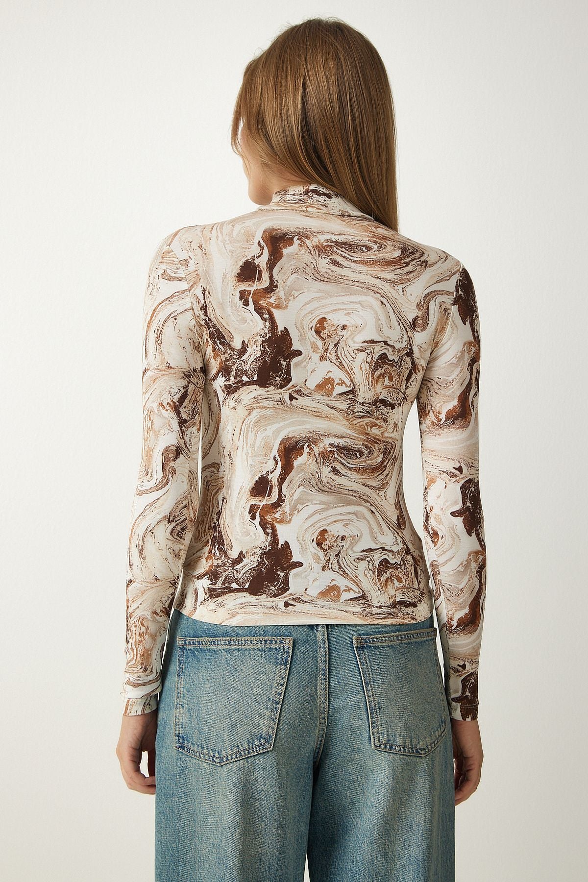 Female brown patterned soft textured knitted blouse RX00038