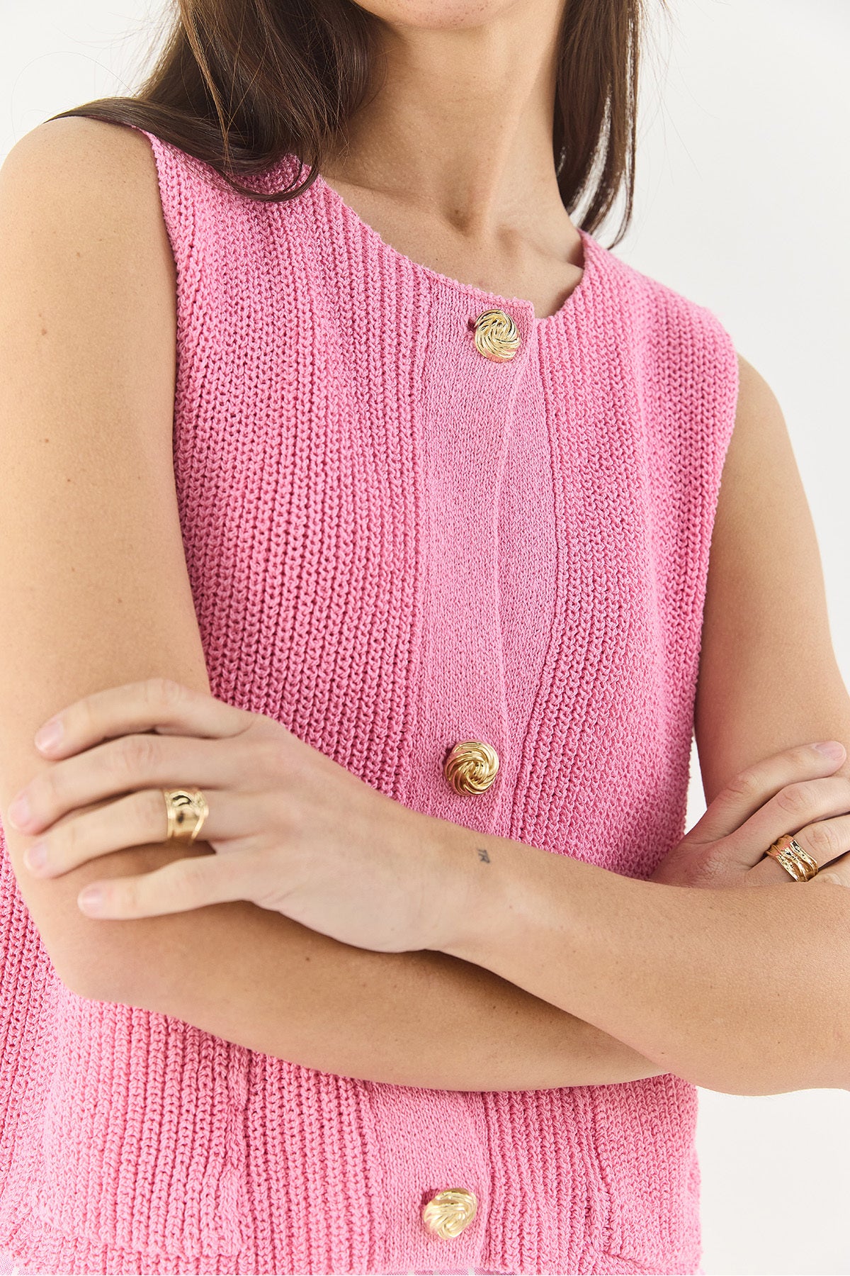 Women's Crew Neck Gold Button Detailed Zero Sleeve Knitted Vest TY251001 60283265