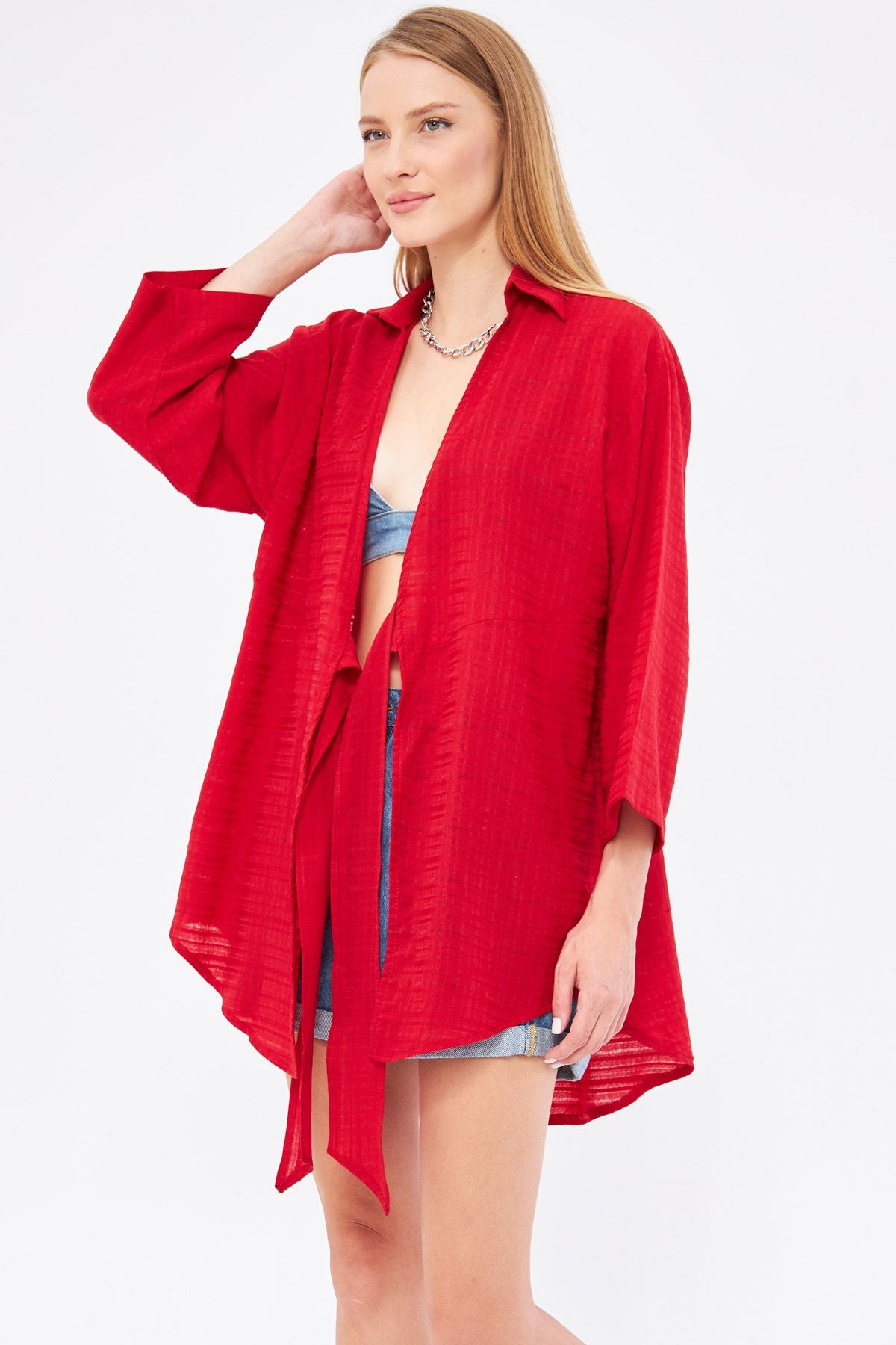 Woman Red Red Self-Striped Front Kimono Shirt ARM-24Y001101